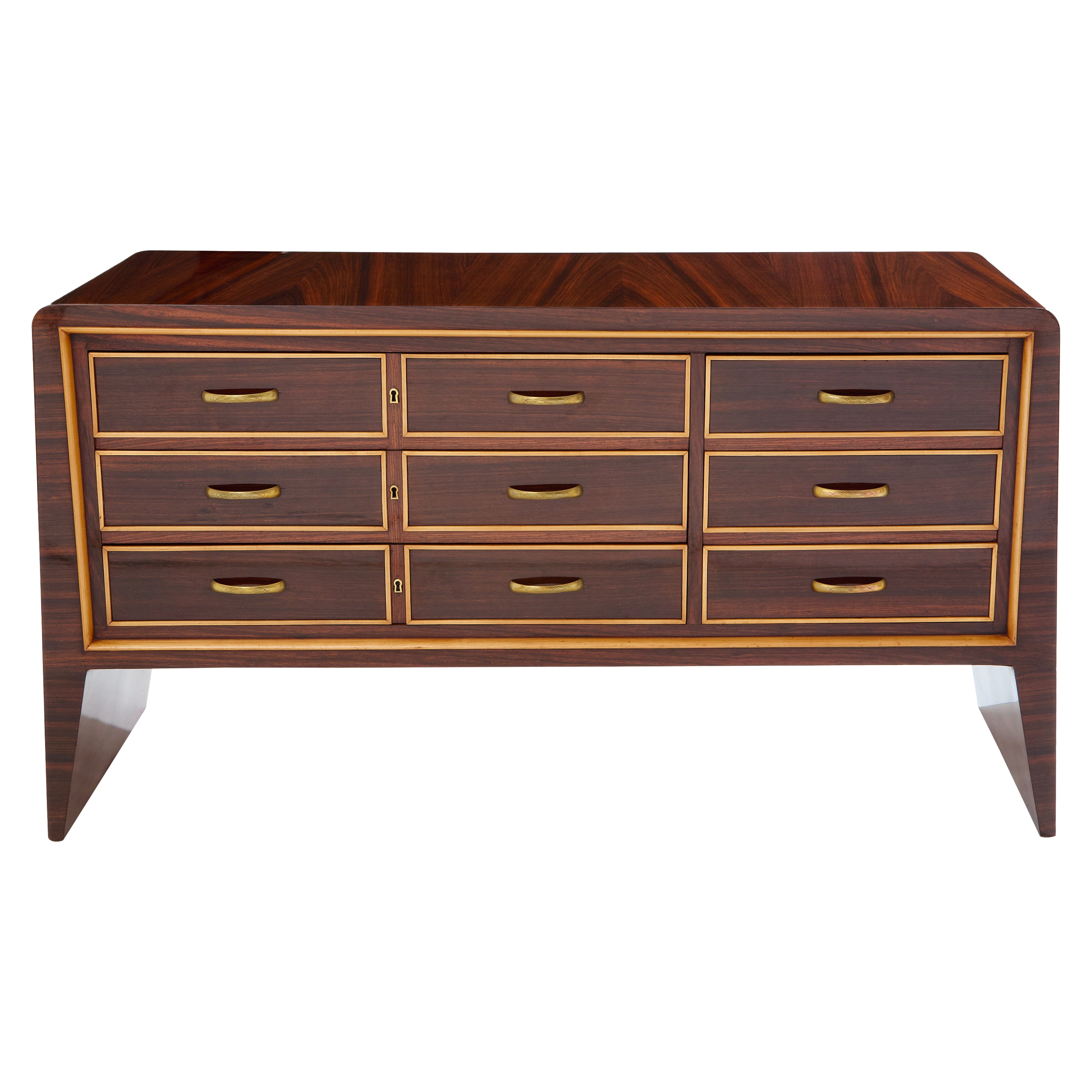 Paolo Buffa rosewood sycamore and brass chest of drawers 1940 For Sale