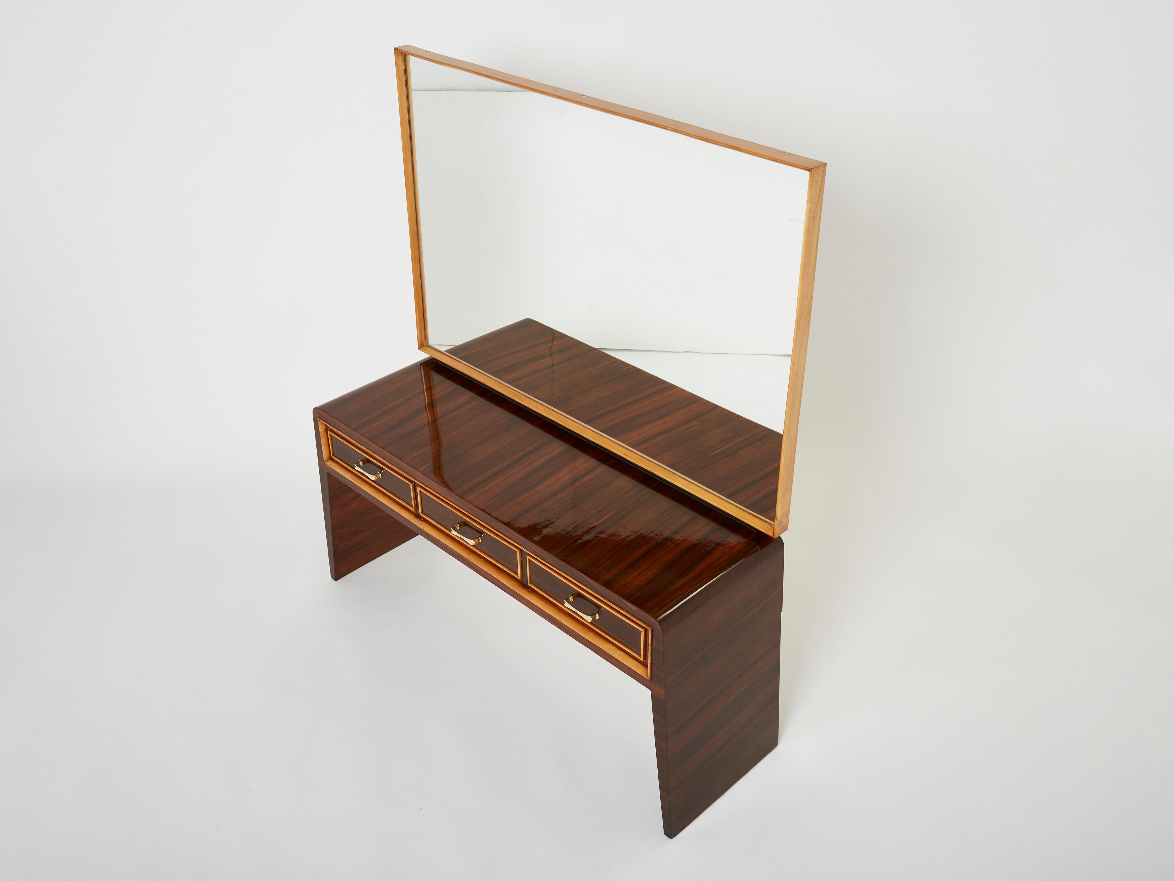 Mid-20th Century Paolo Buffa Rosewood Sycamore and Brass Console Vanity, 1940s For Sale