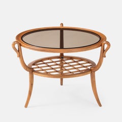 Table basse ronde à deux niveaux avec plateau en verre de Paolo Buffa, en bois de cerisier, Italie, années 1950