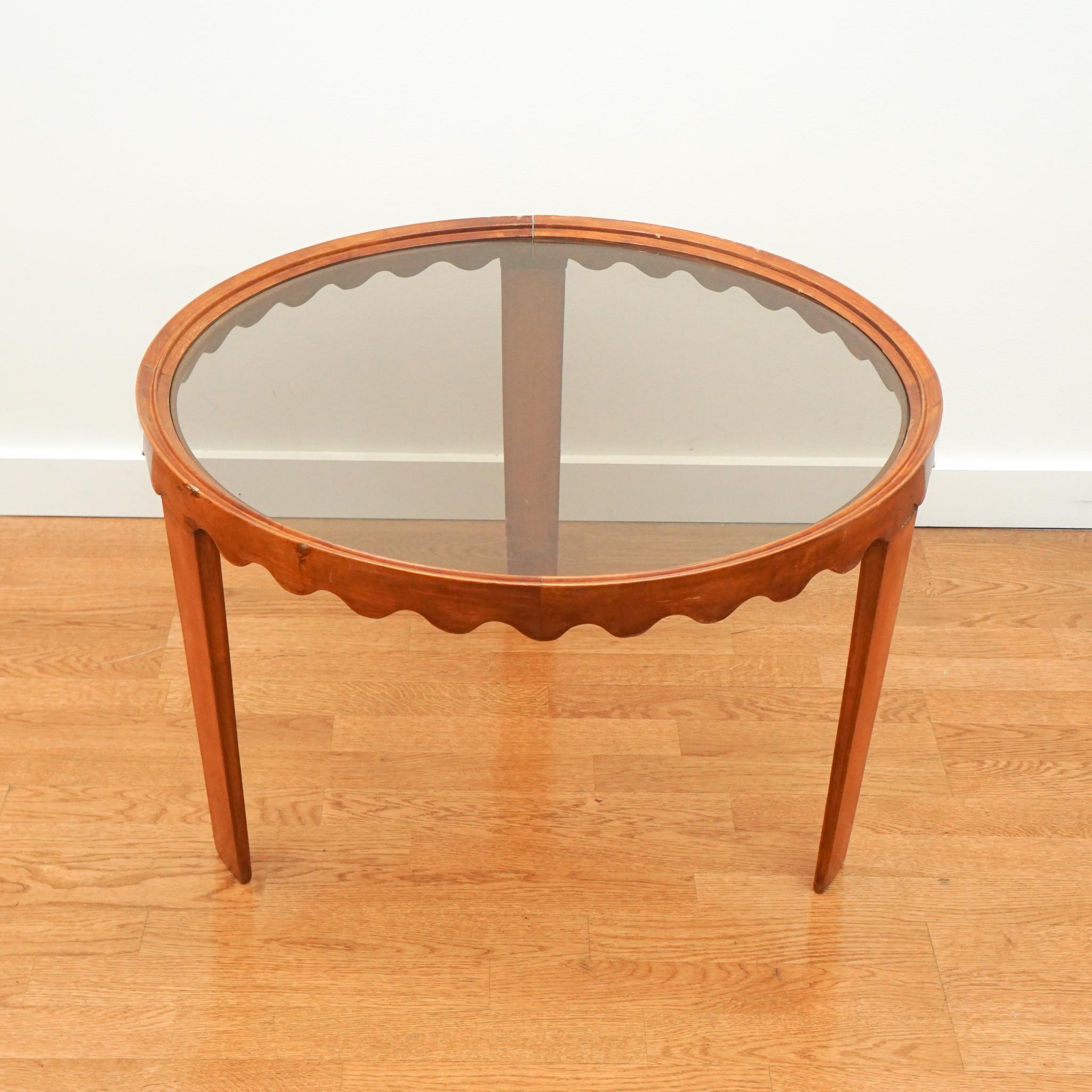 Mid-Century Modern Paolo Buffa Round Mahagony Glass Top Side Table