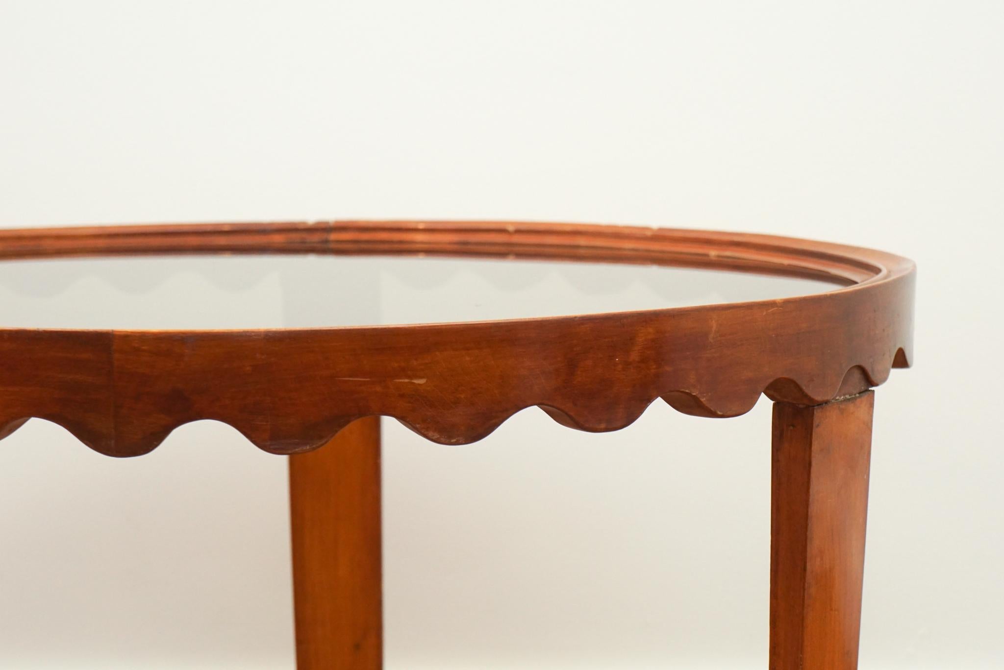 Machine-Made Paolo Buffa Round Mahagony Glass Top Side Table