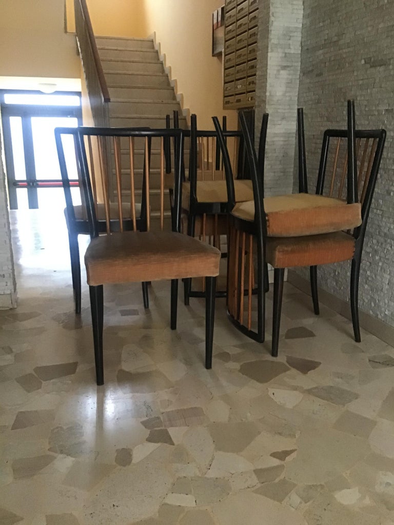 Paolo Buffa Set of 8 Chairs Wood Fabric Padding, 1950, Italy 4
