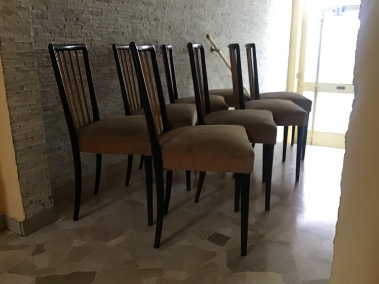 Other Paolo Buffa Set of 8 Chairs Wood Fabric Padding, 1950, Italy