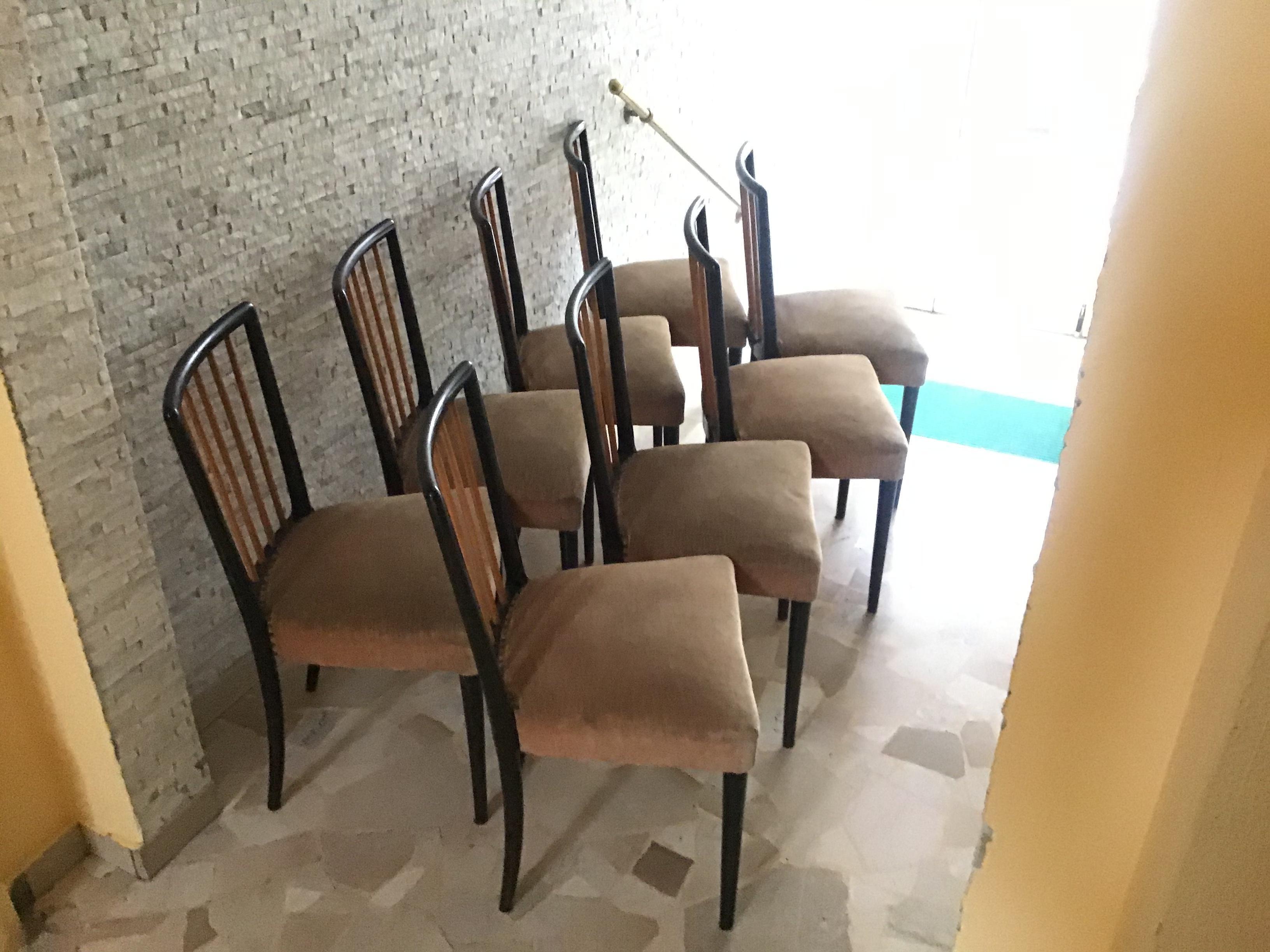 Italian Paolo Buffa Set of 8 Chairs Wood Fabric Padding, 1950, Italy