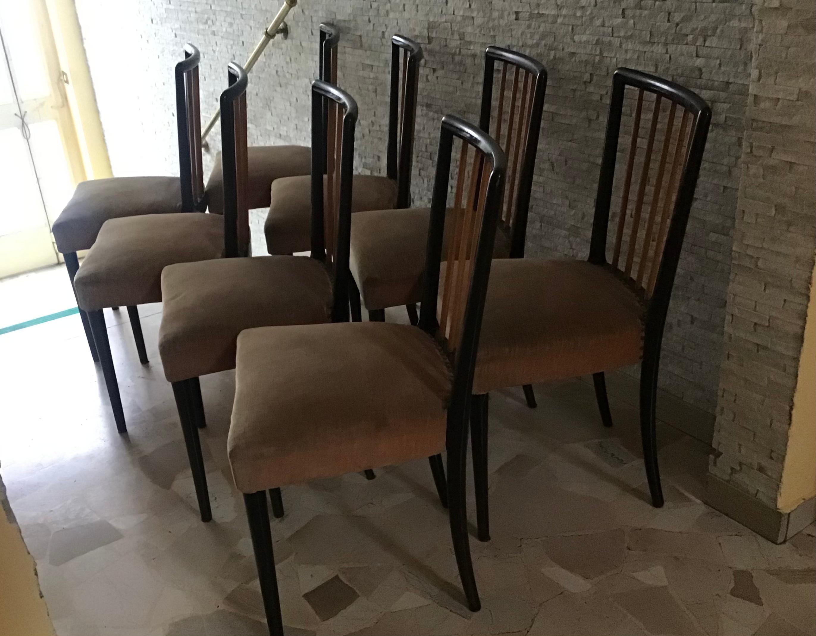 Paolo Buffa Set of 8 Chairs Wood Fabric Padding, 1950, Italy In Good Condition In Milano, IT