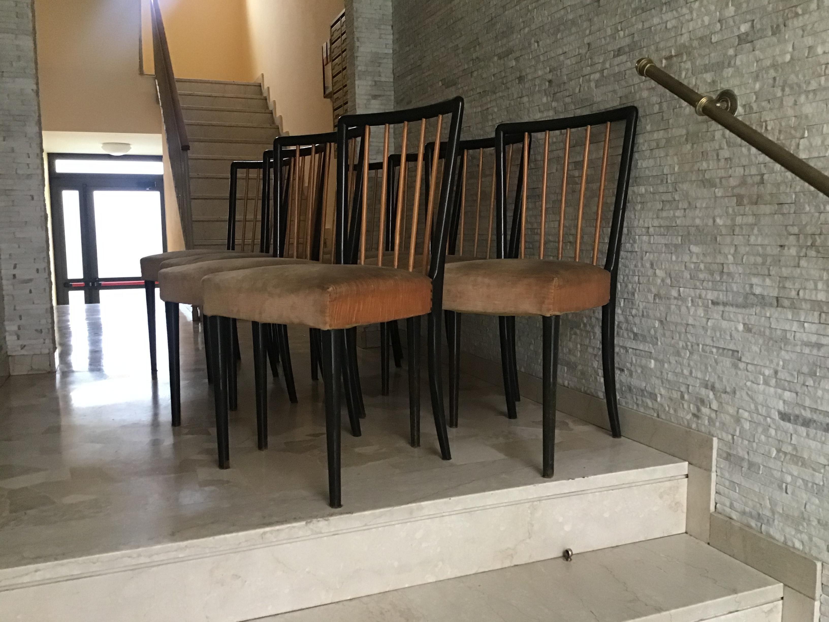 Mid-20th Century Paolo Buffa Set of 8 Chairs Wood Fabric Padding, 1950, Italy