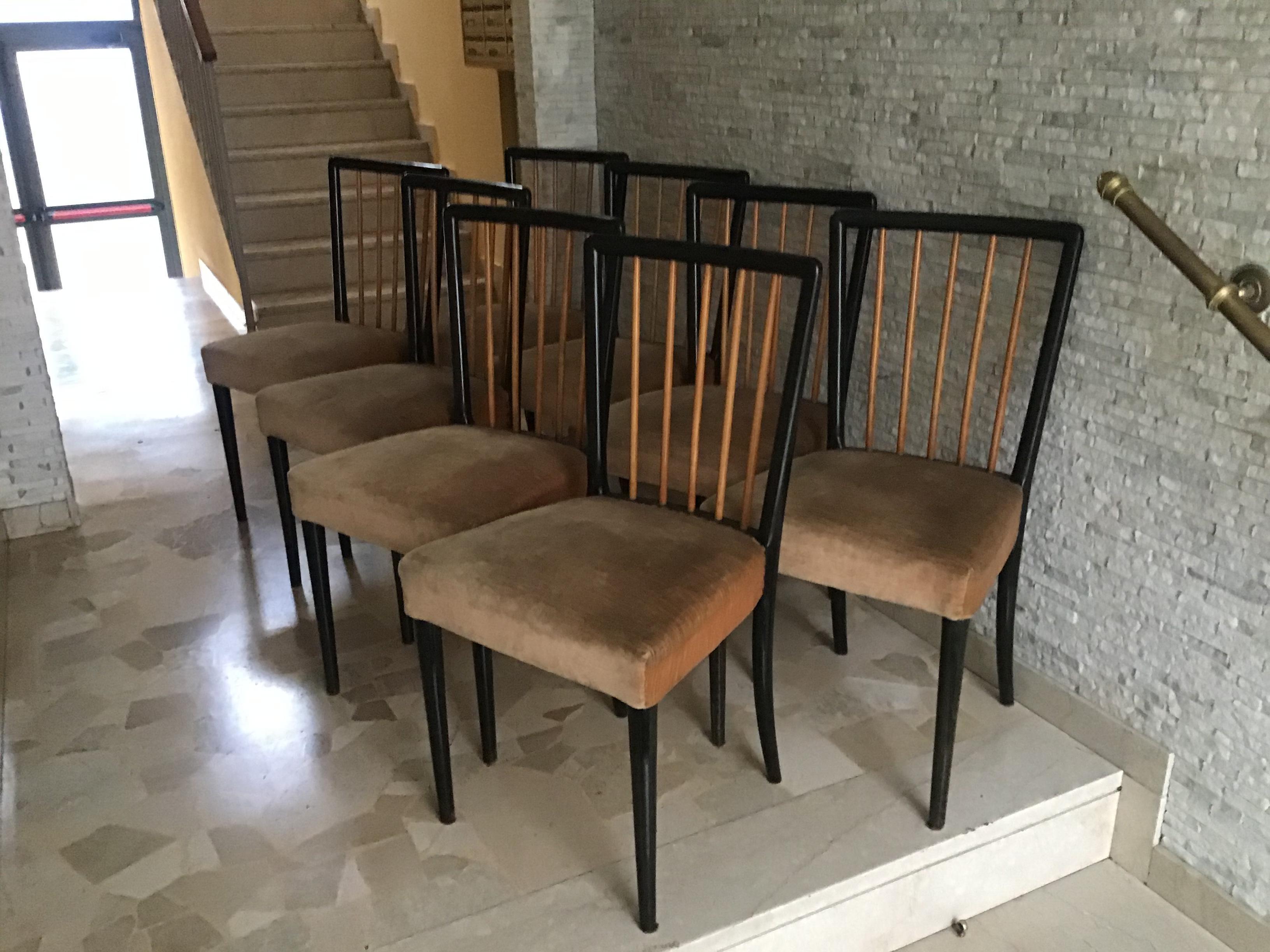 Paolo Buffa Set of 8 Chairs Wood Fabric Padding, 1950, Italy 1