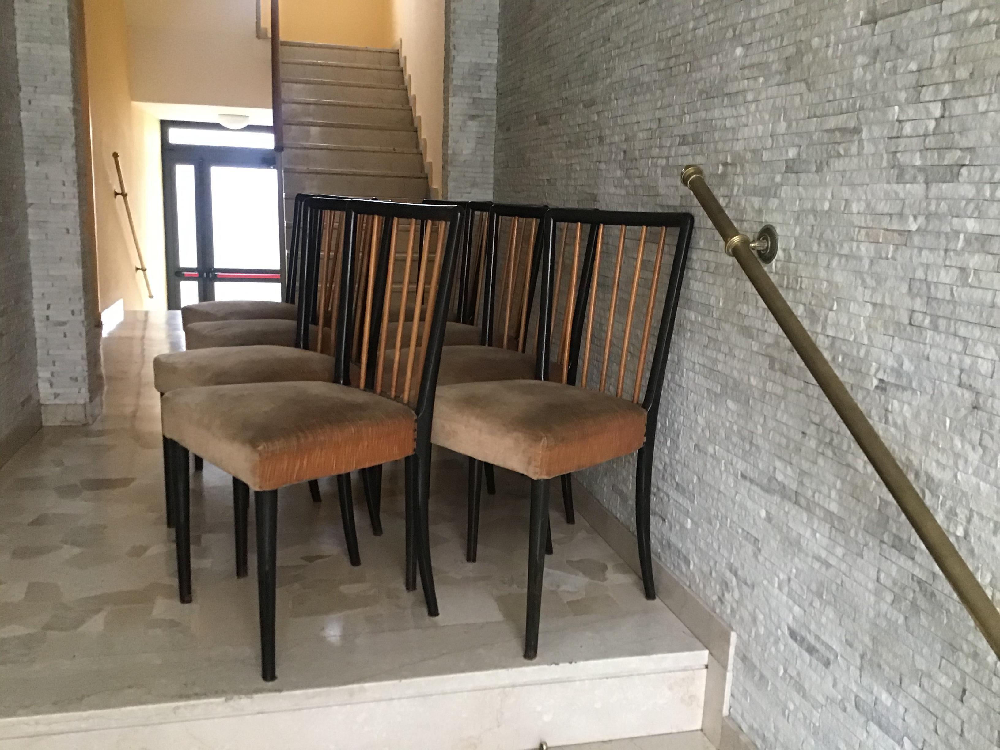 Paolo Buffa Set of 8 Chairs Wood Fabric Padding, 1950, Italy 2