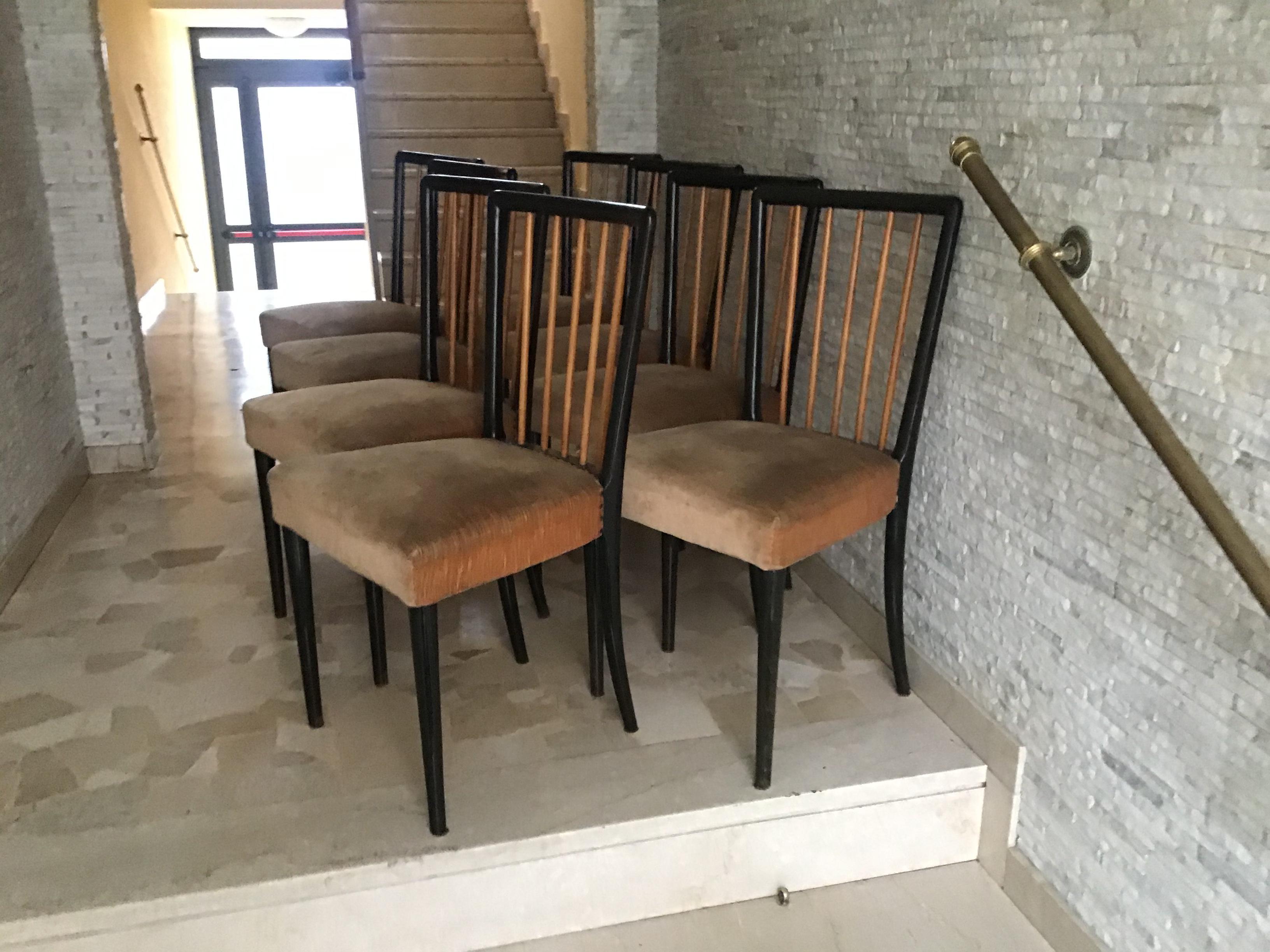 Paolo Buffa Set of 8 Chairs Wood Fabric Padding, 1950, Italy 3