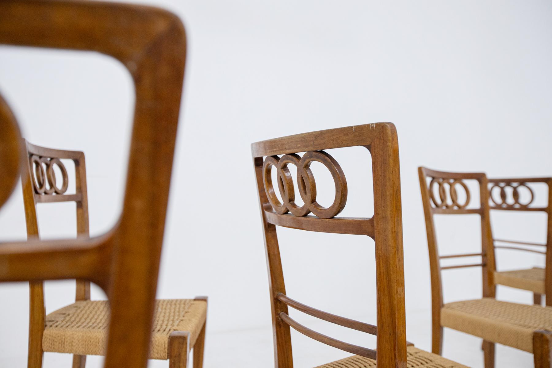 Mid-Century Modern Paolo Buffa Attr. Set of Eight Chairs in Walnut Wood and Straw, 1950s