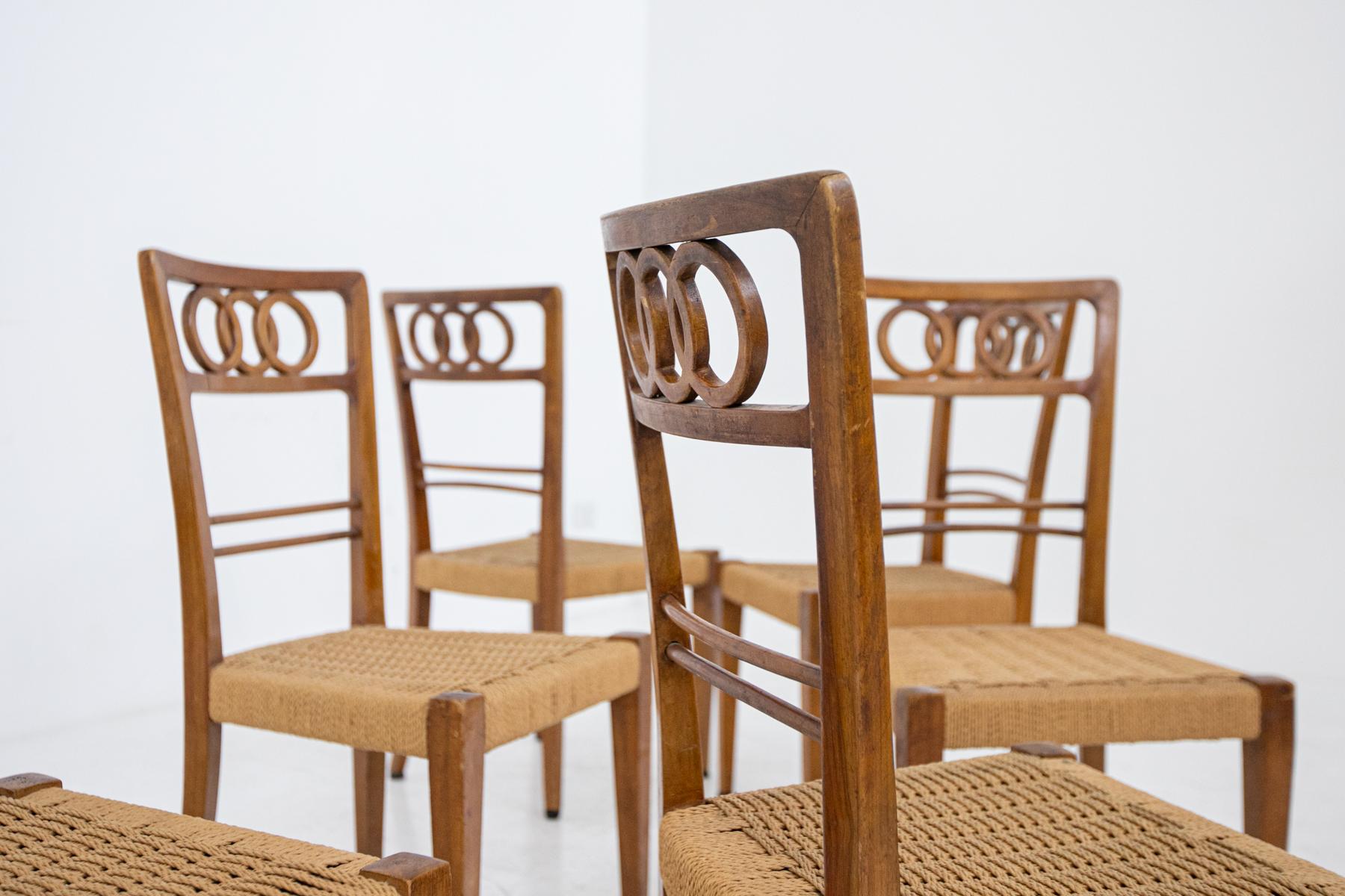 Mid-20th Century Paolo Buffa Attr. Set of Eight Chairs in Walnut Wood and Straw, 1950s