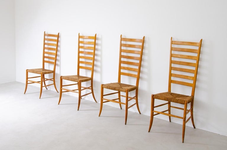 Paolo Buffa, Set of Four Splendid High Back Chairs in Light Wood Wit ...