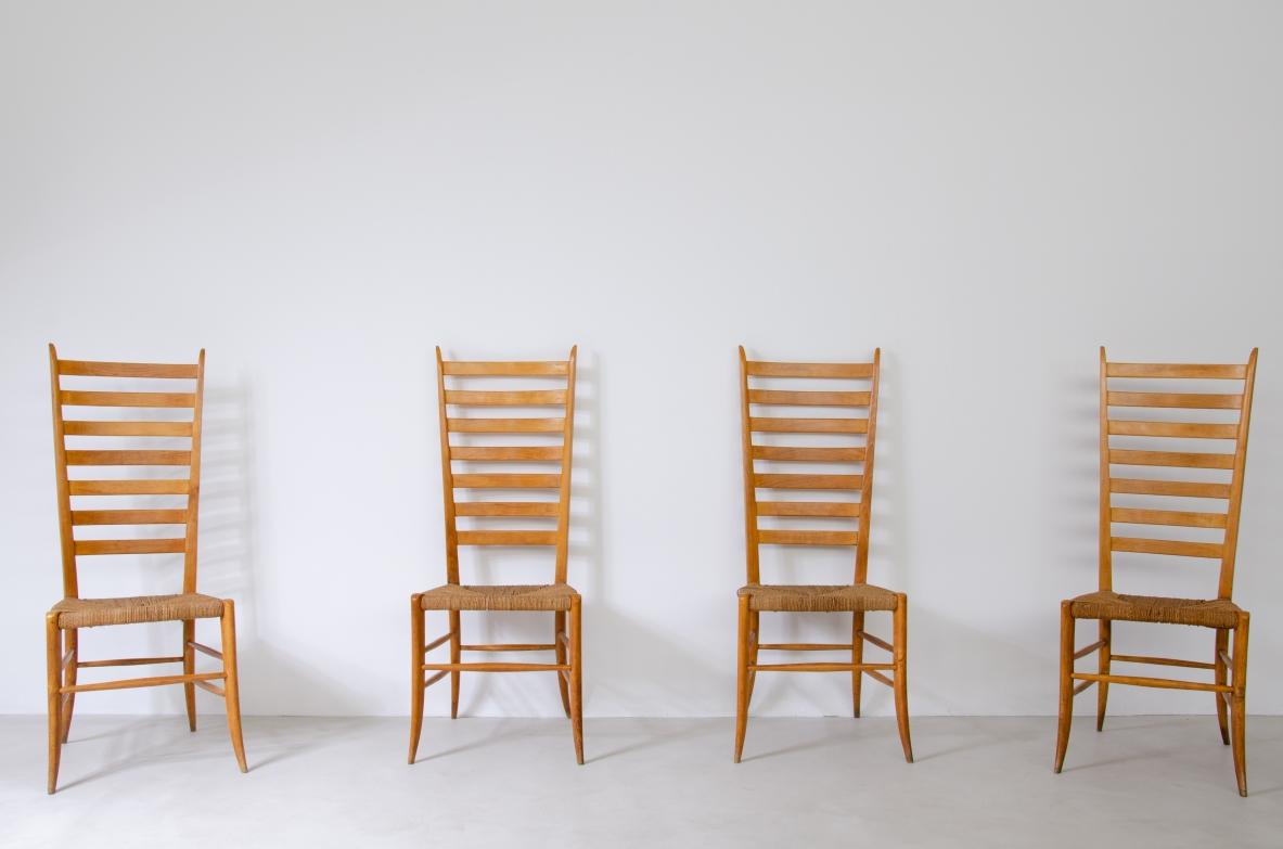 Mid-Century Modern Paolo Buffa, Set of Four Splendid High Back Chairs in Light Wood Wit For Sale