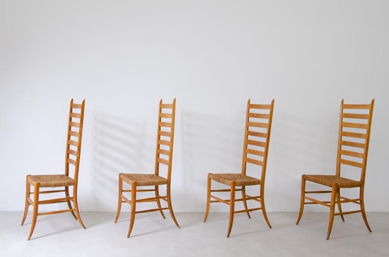 Paolo Buffa, Set of Four Splendid High Back Chairs in Light Wood Wit ...