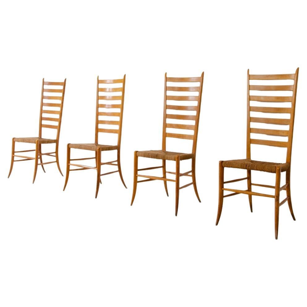 Paolo Buffa, Set of Four Splendid High Back Chairs in Light Wood Wit For Sale