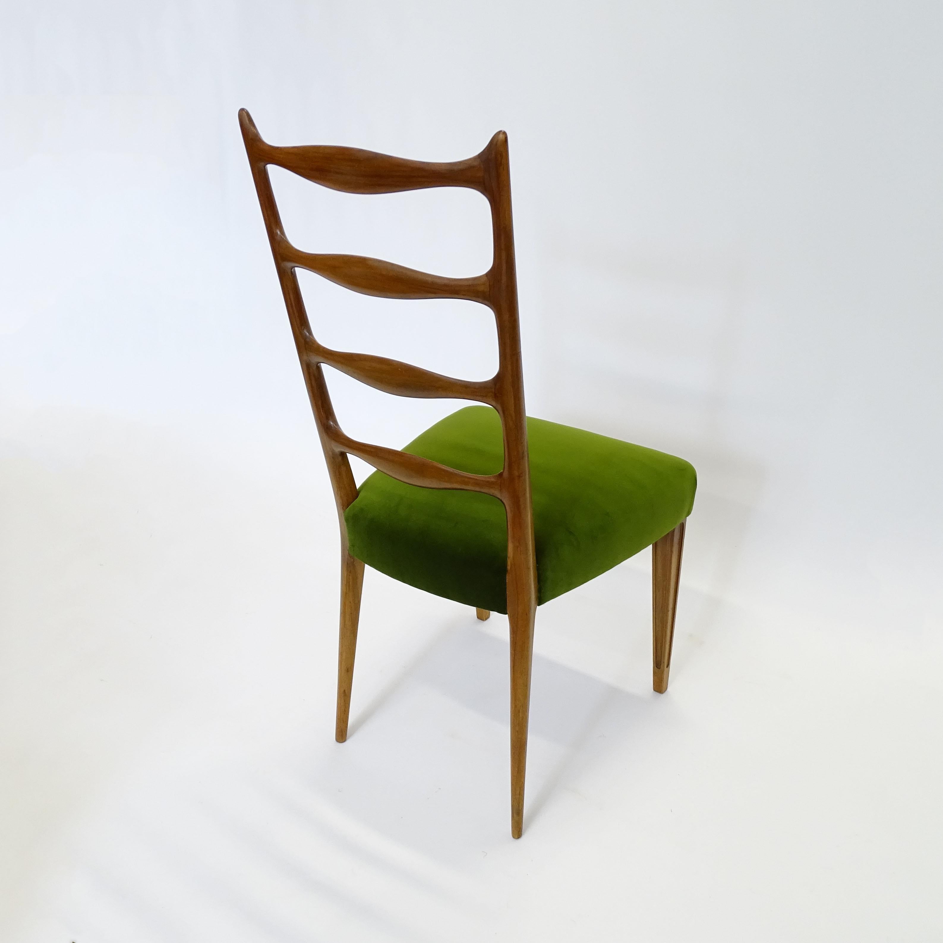 Paolo Buffa Set of Six Dining Chairs in Wood and Green Velvet, Italy 1950s 2