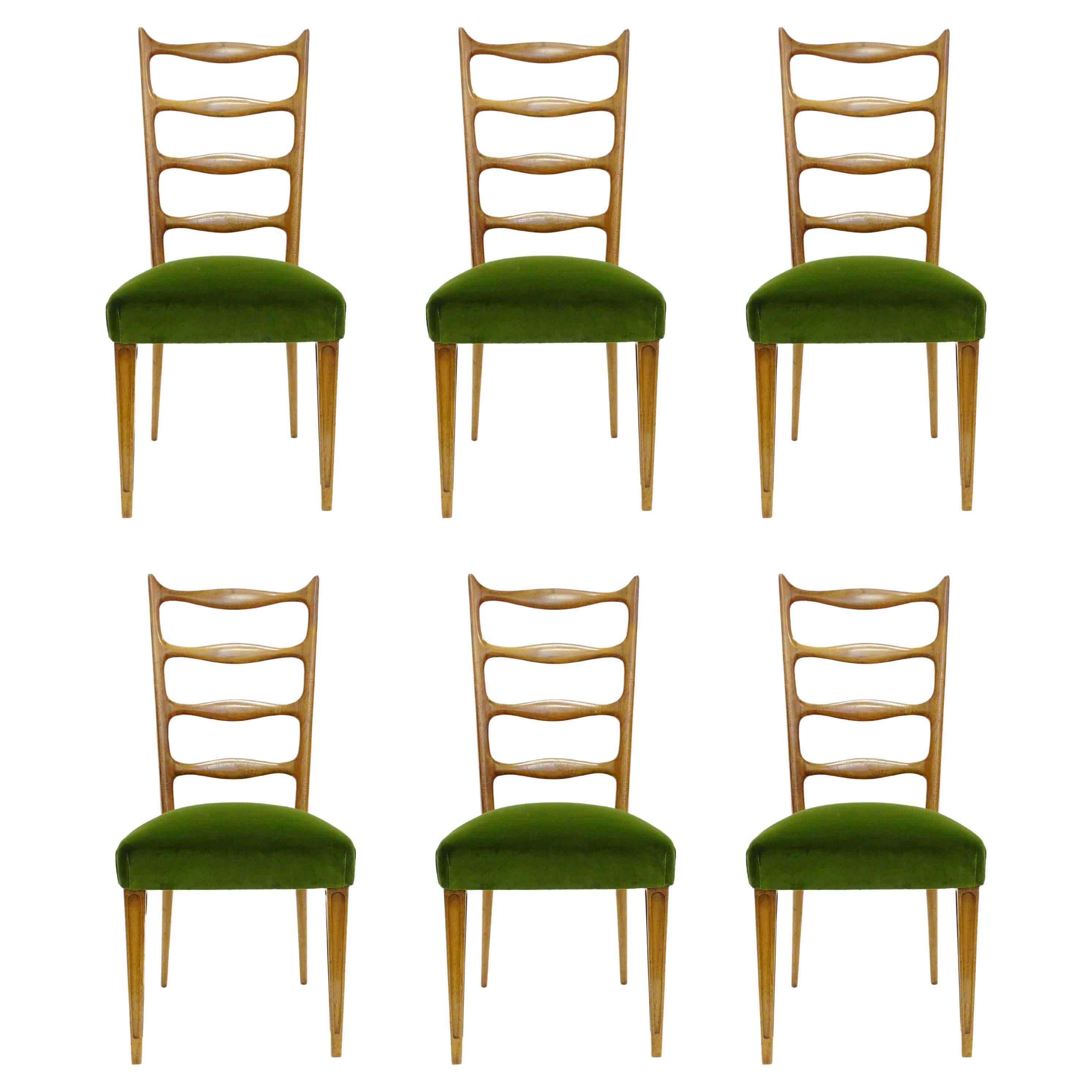 Paolo Buffa Set of Six Dining Chairs in Wood and Green Velvet, Italy 1950s