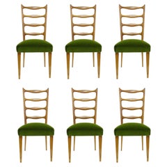 Paolo Buffa Set of Six Dining Chairs in Wood and Green Velvet, Italy 1950s