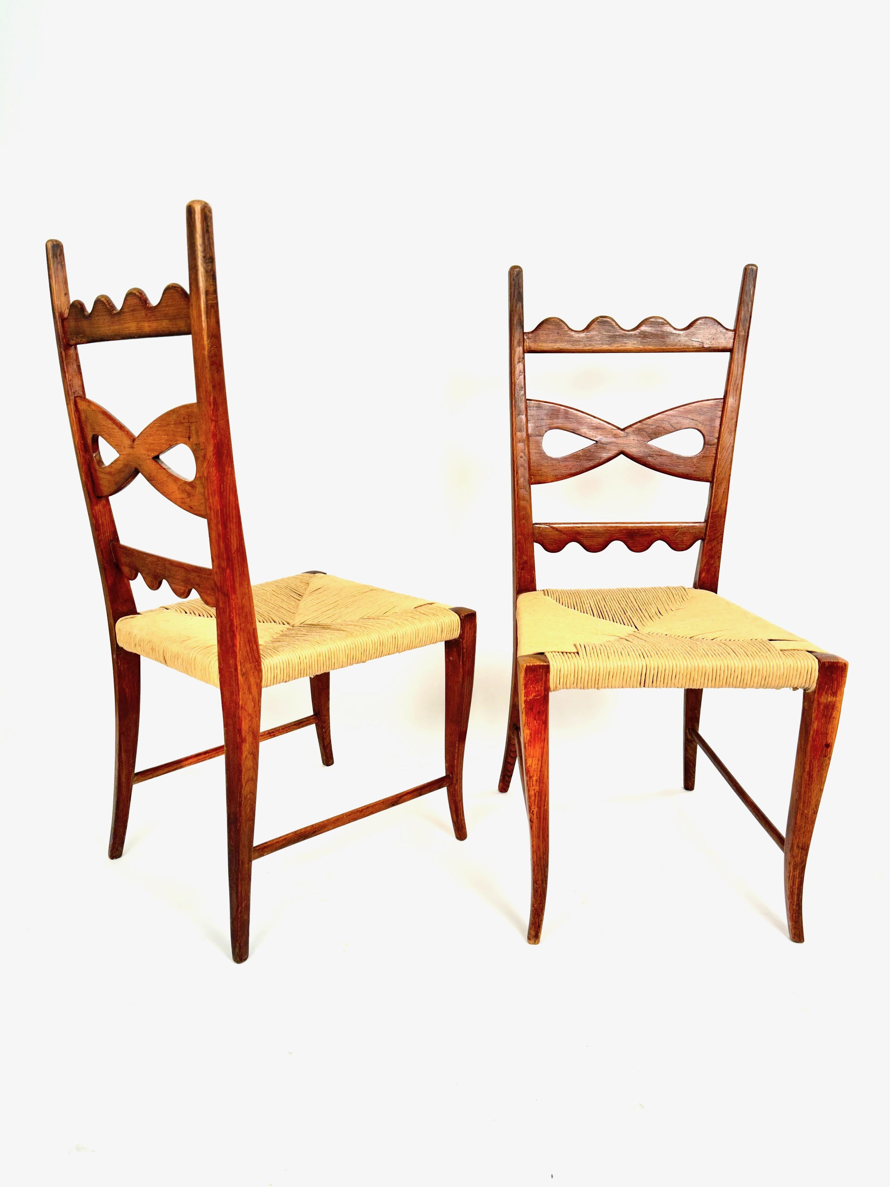 Paolo Buffa Set of Six Midcentury Oak and Rush Dining Chairs, 1940s For Sale 3
