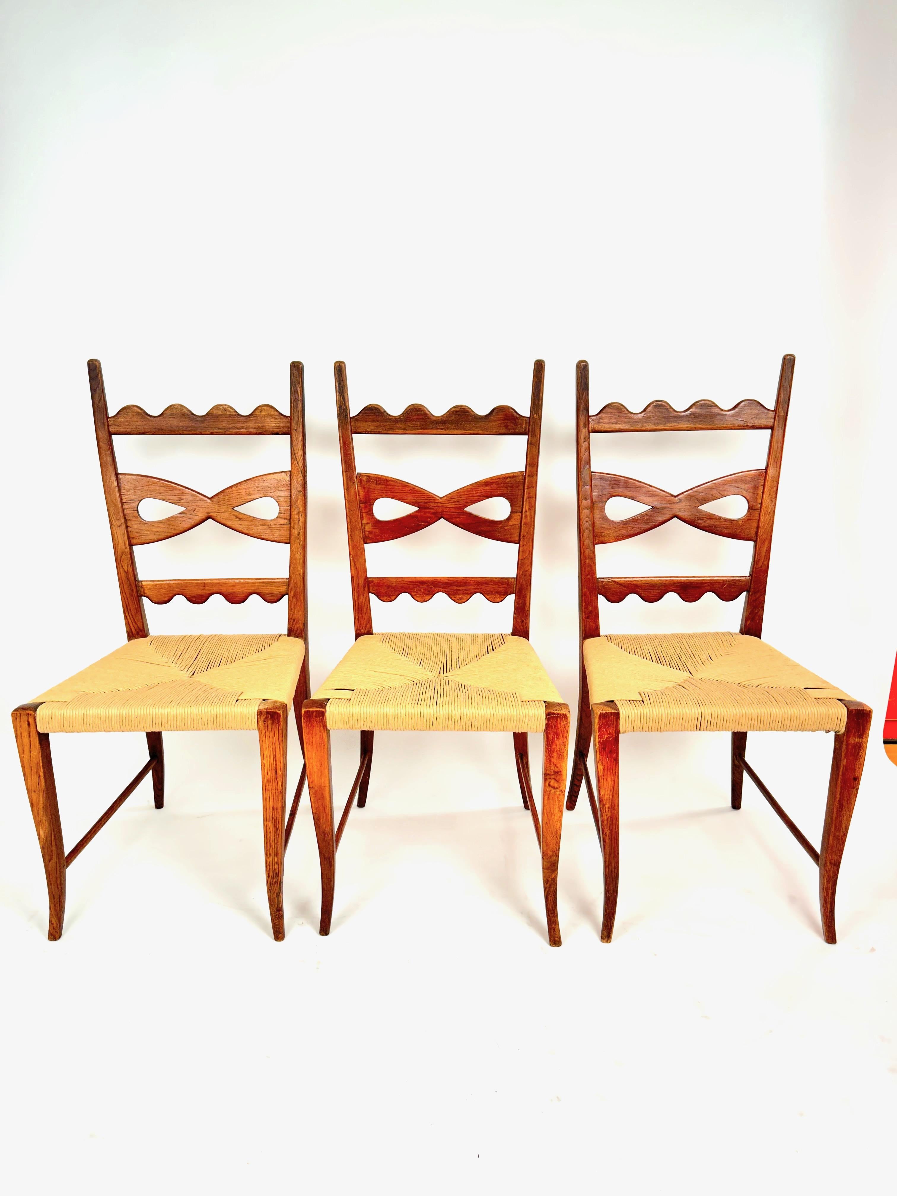 Paolo Buffa Set of Six Midcentury Oak and Rush Dining Chairs, 1940s For Sale 4