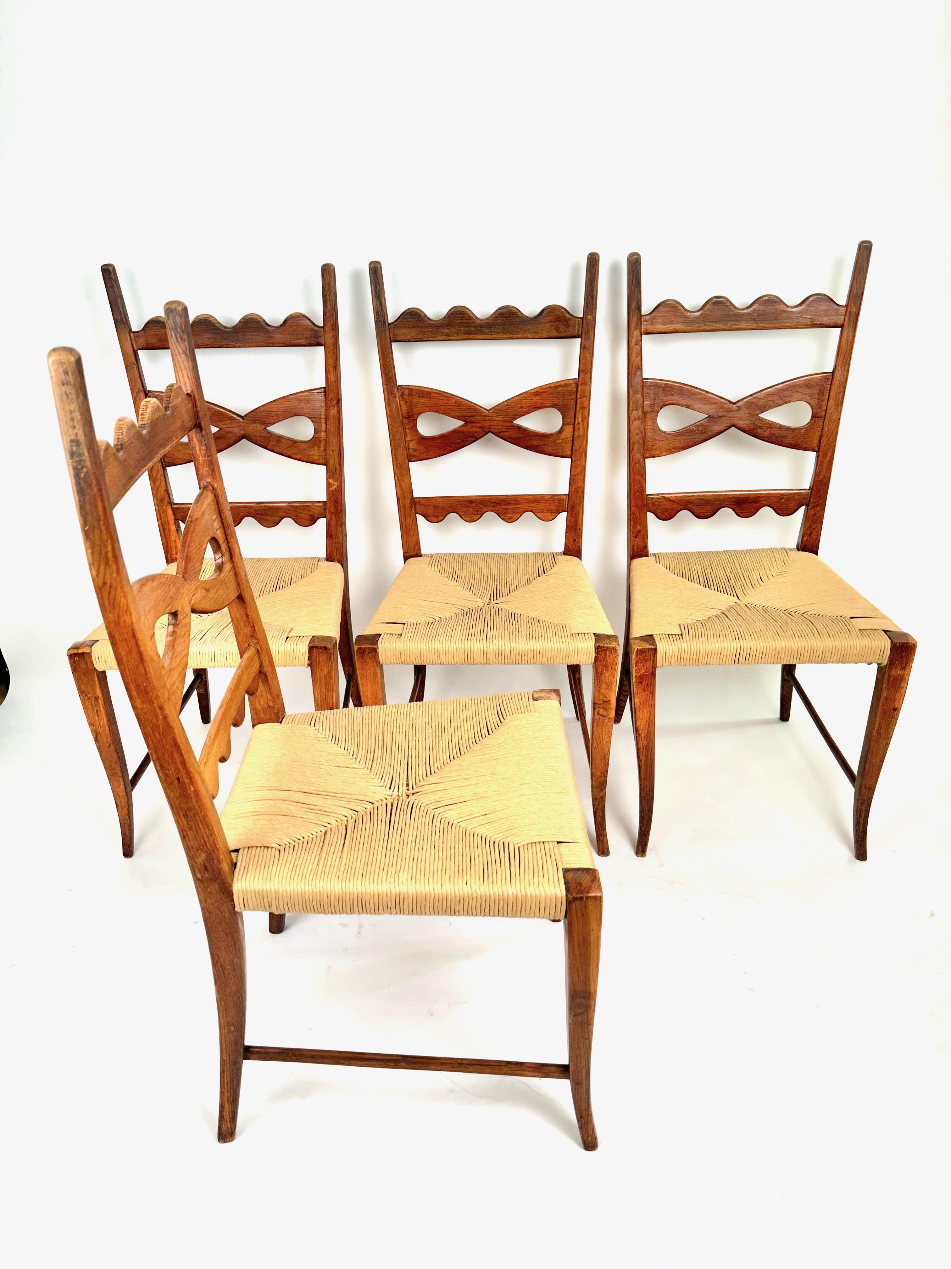Paolo Buffa Set of Six Midcentury Oak and Rush Dining Chairs, 1940s For Sale 5