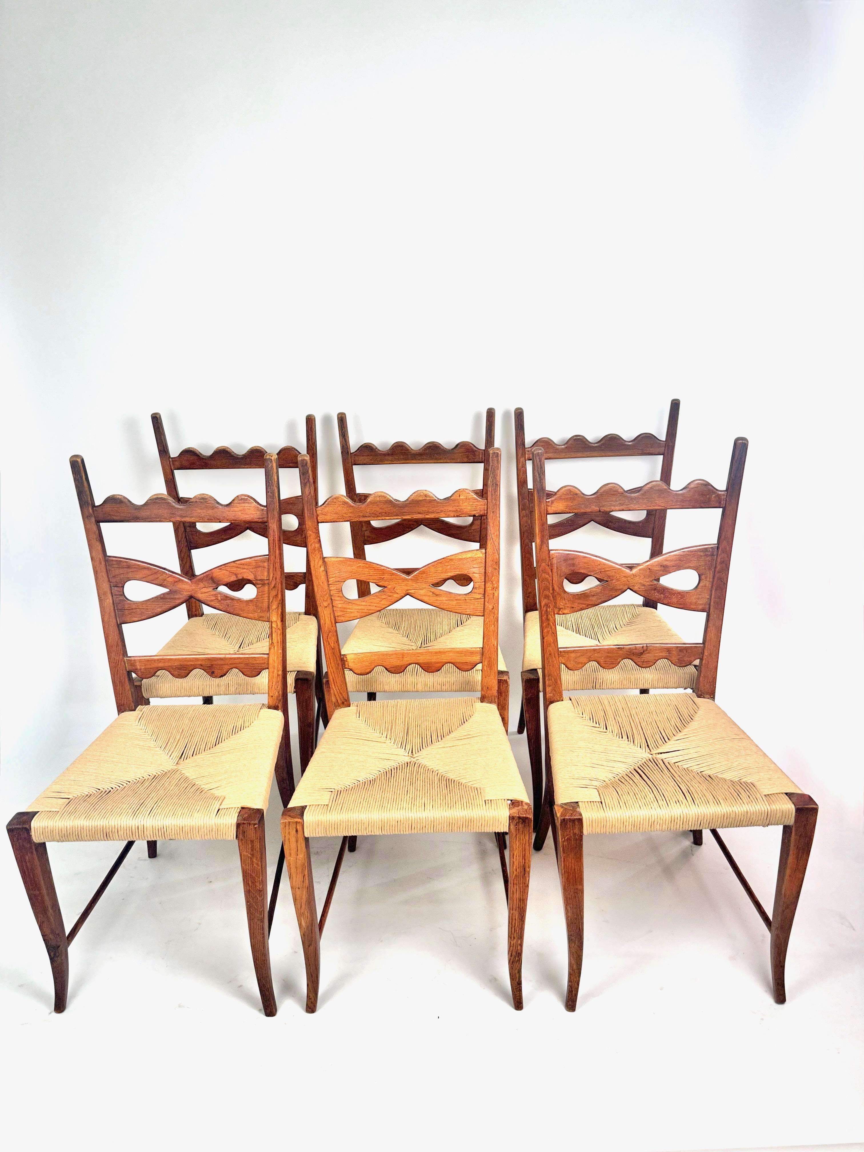 Paolo Buffa Set of Six Midcentury Oak and Rush Dining Chairs, 1940s For Sale 6