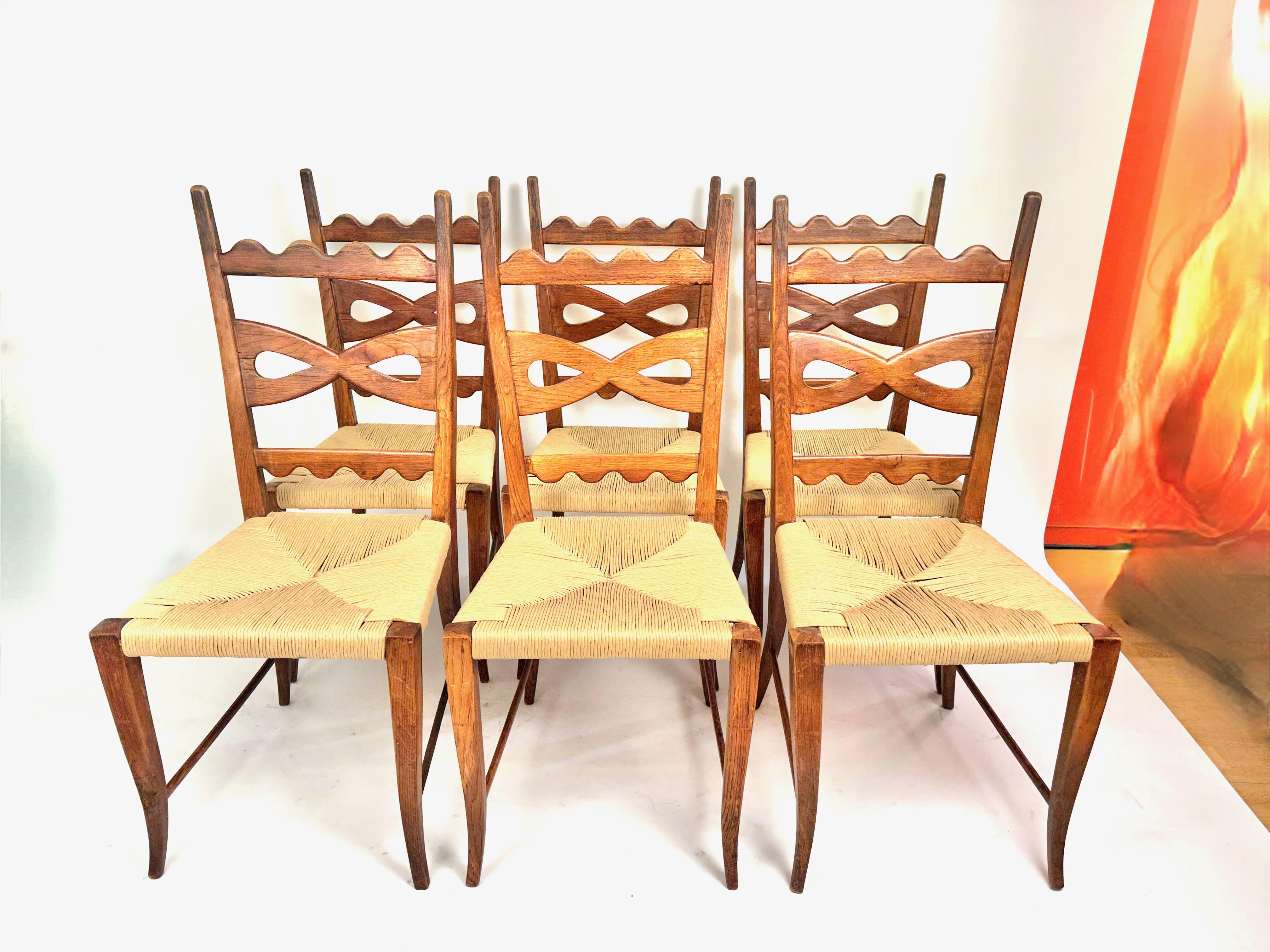 Paolo Buffa Set of Six Midcentury Oak and Rush Dining Chairs, 1940s For Sale 7