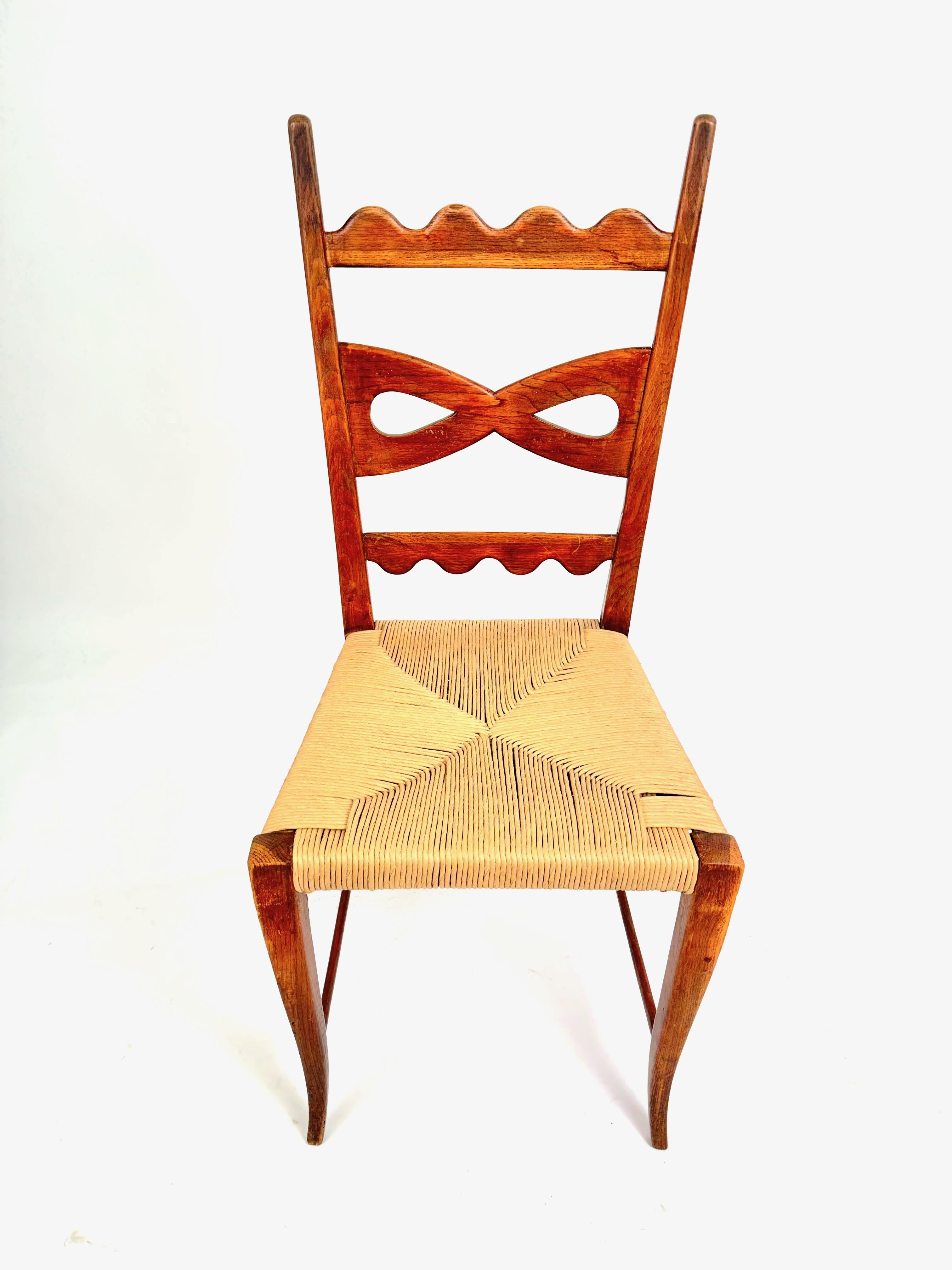 Mid-Century Modern Paolo Buffa Set de six pièces Chêne du milieu du siècle  et chaises de salle à manger en jonc.1940s. en vente