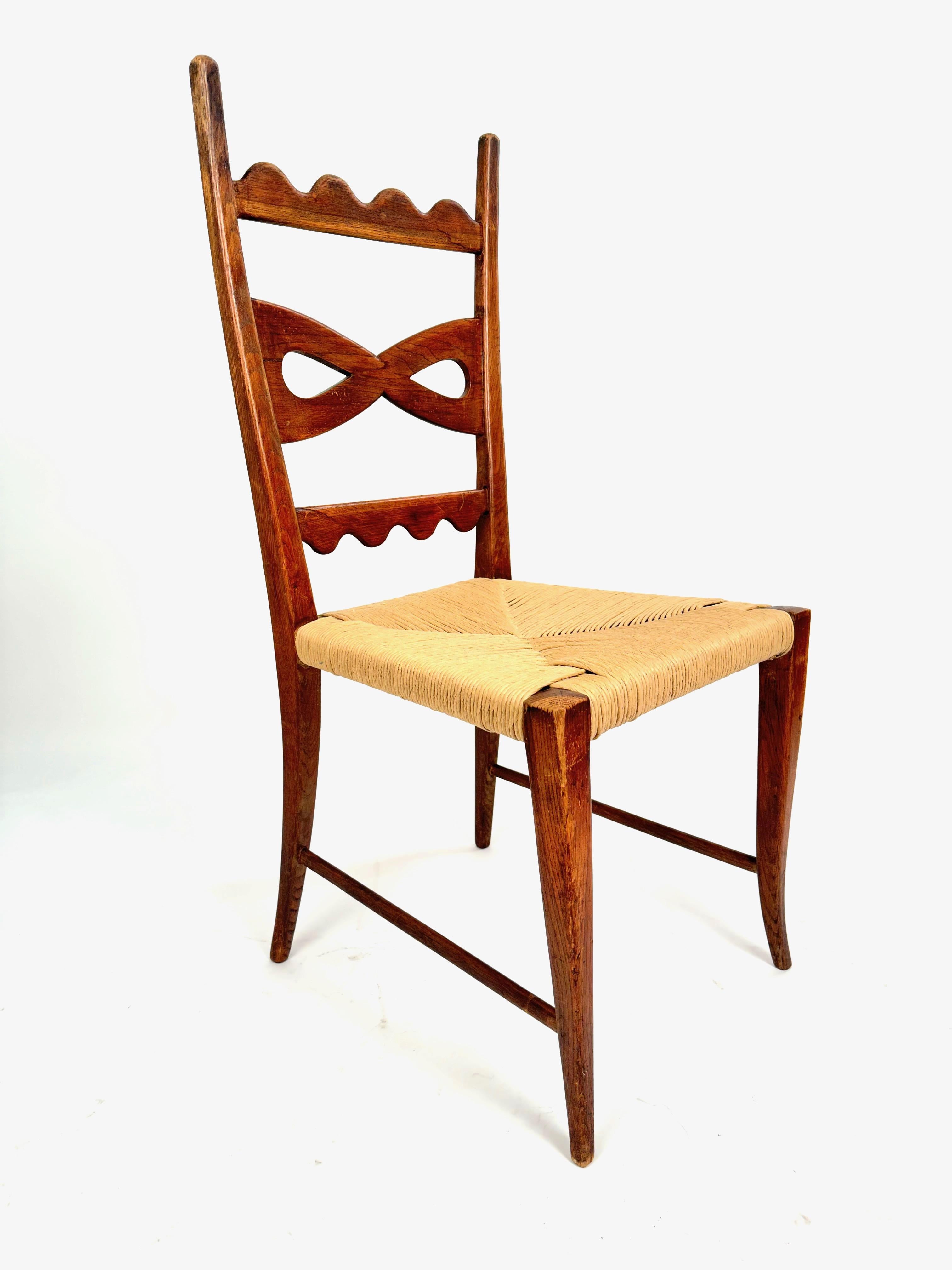 Mid-Century Modern Paolo Buffa Set of Six Midcentury Oak and Rush Dining Chairs, 1940s For Sale