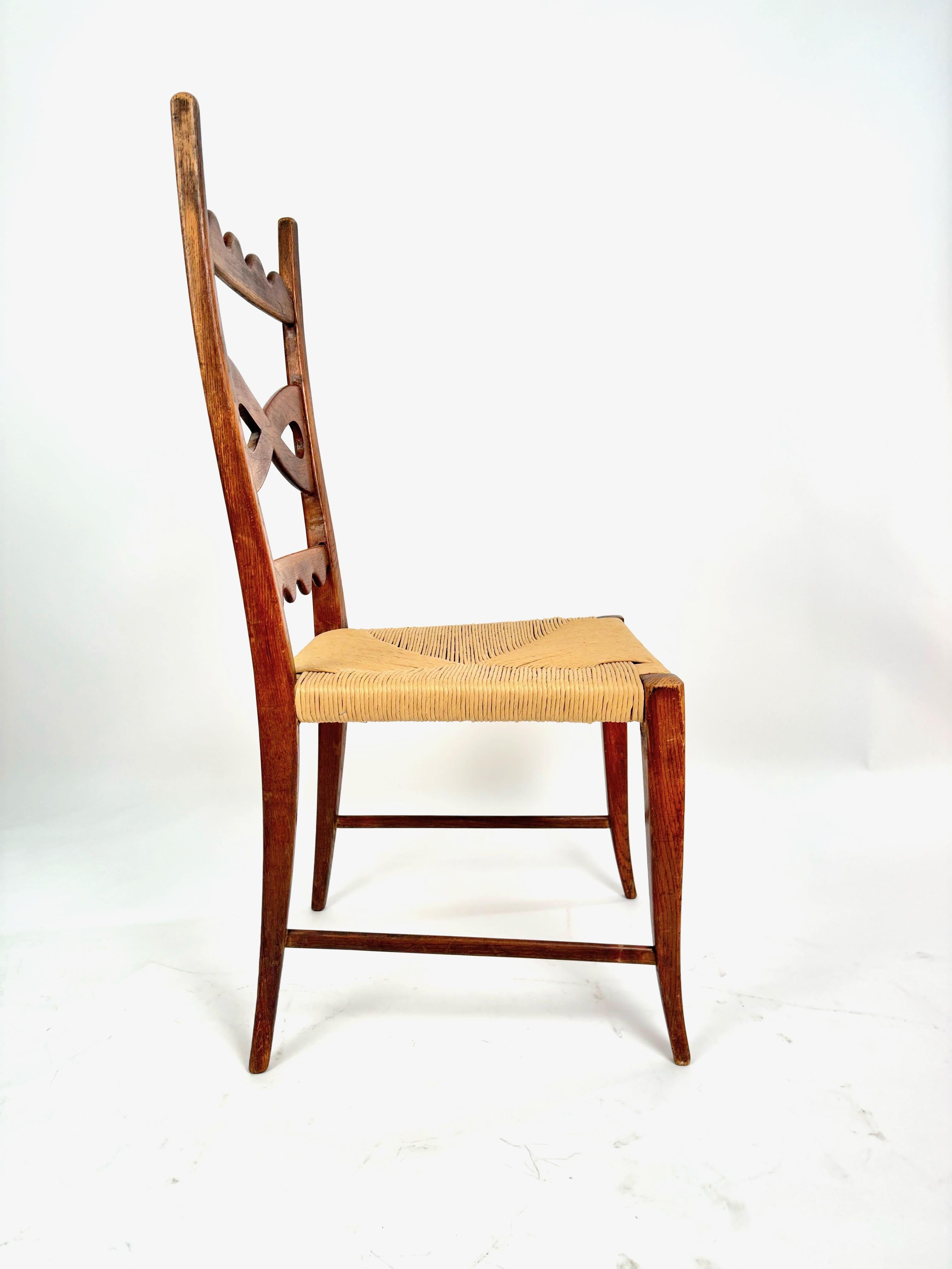 Italian Paolo Buffa Set of Six Midcentury Oak and Rush Dining Chairs, 1940s For Sale