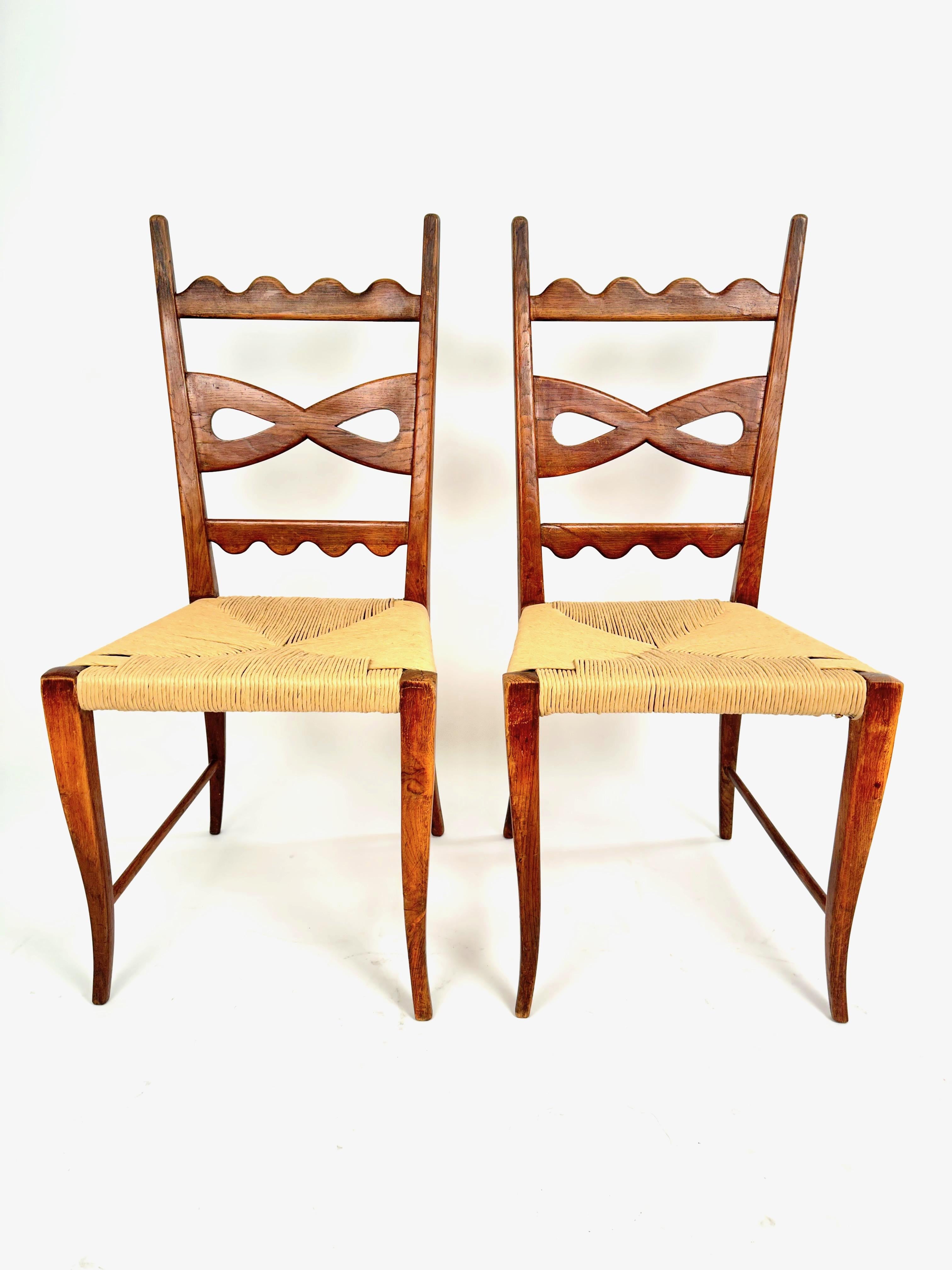 Paolo Buffa Set of Six Midcentury Oak and Rush Dining Chairs, 1940s For Sale 1