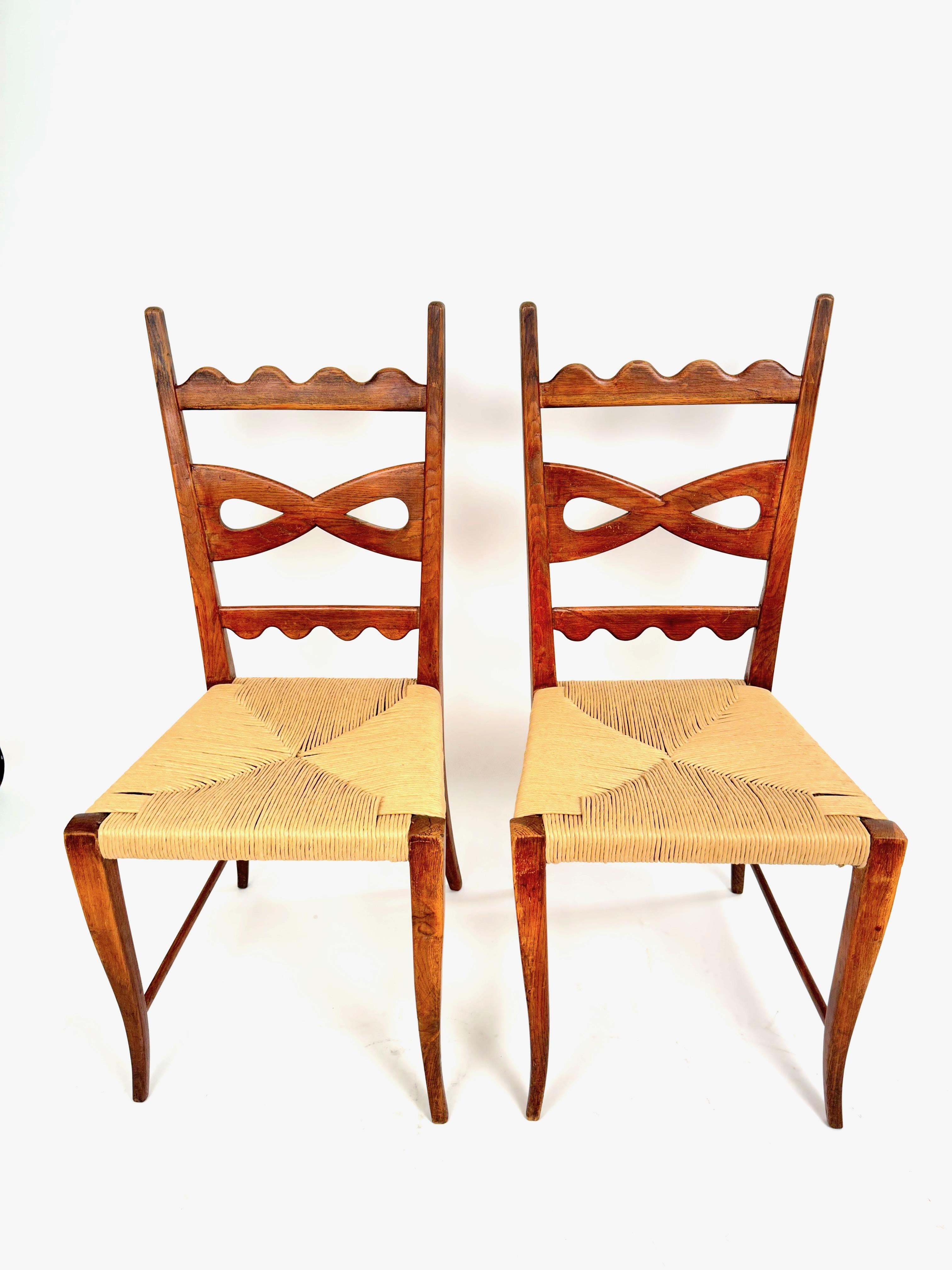 Paolo Buffa Set of Six Midcentury Oak and Rush Dining Chairs, 1940s For Sale 2