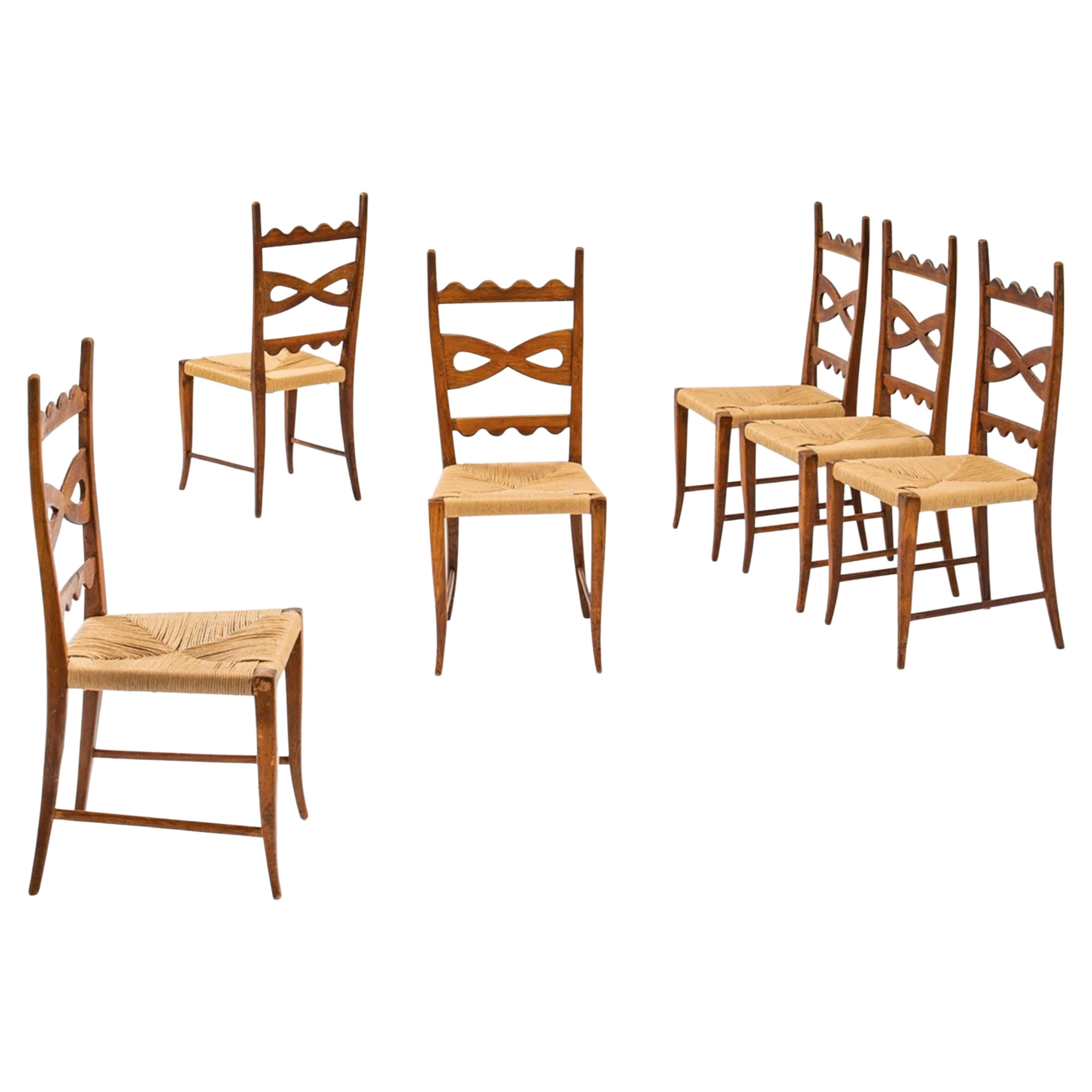 Paolo Buffa Set of Six Midcentury Oak and Rush Dining Chairs, 1940s For Sale