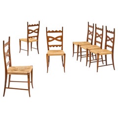 Paolo Buffa Set of Six Midcentury Oak and Rush Dining Chairs, 1940s