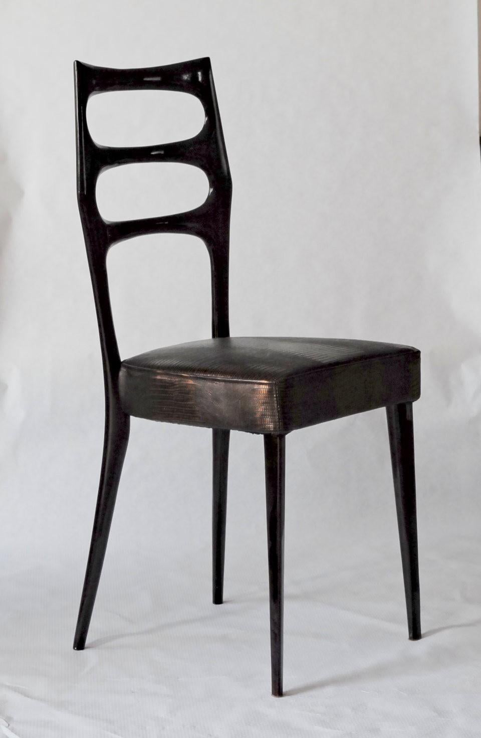 20th Century Paolo Buffa Six Sculptural Dining Chairs Fully Restored, Glossy, Cavalli leather