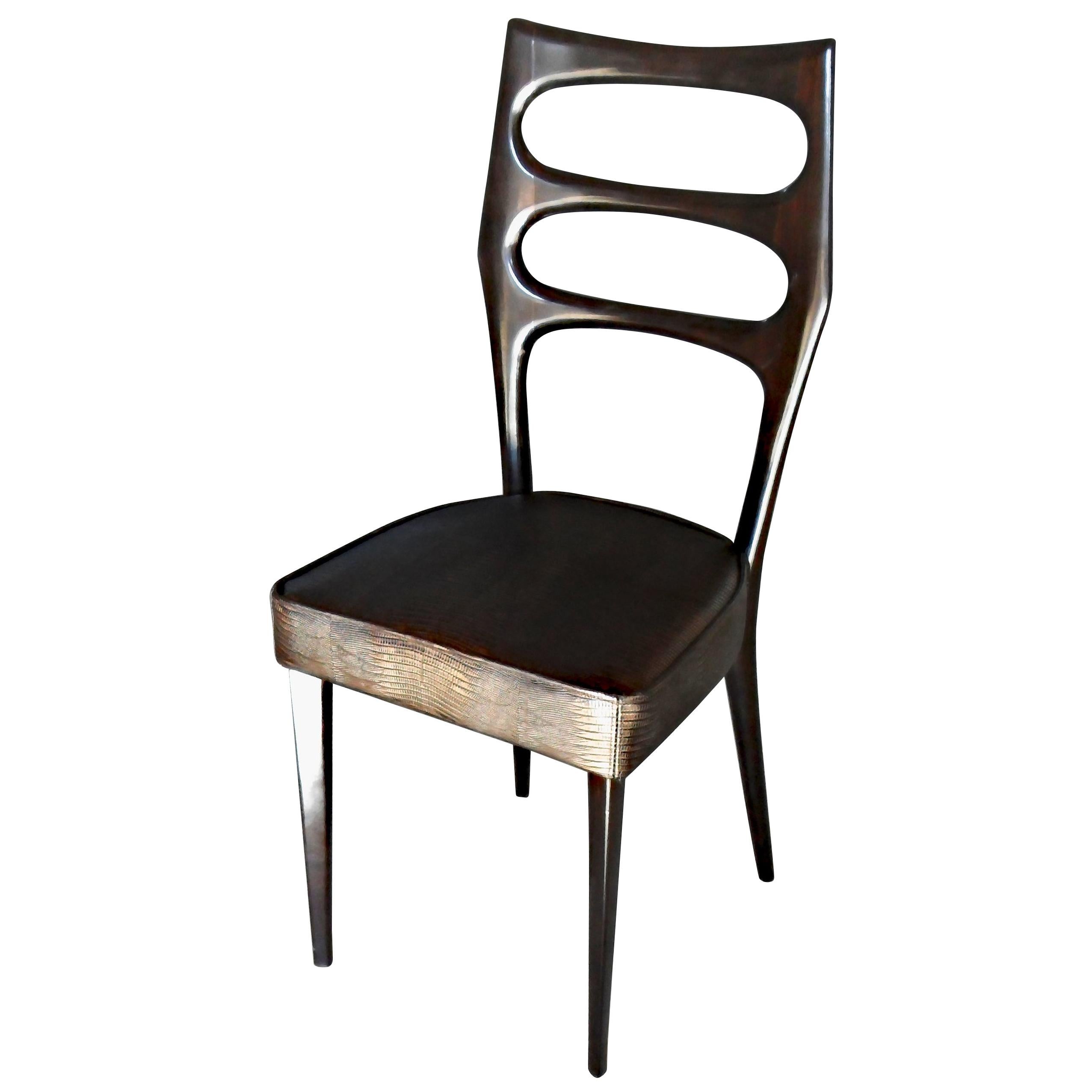 Paolo Buffa Six Sculptural Dining Chairs Fully Restored, Glossy, Cavalli leather