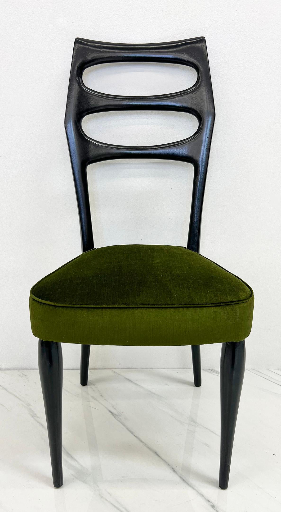Mid-20th Century Paolo Buffa Six Sculptural Dining Chairs, Olive Green Velvet, 1950s For Sale