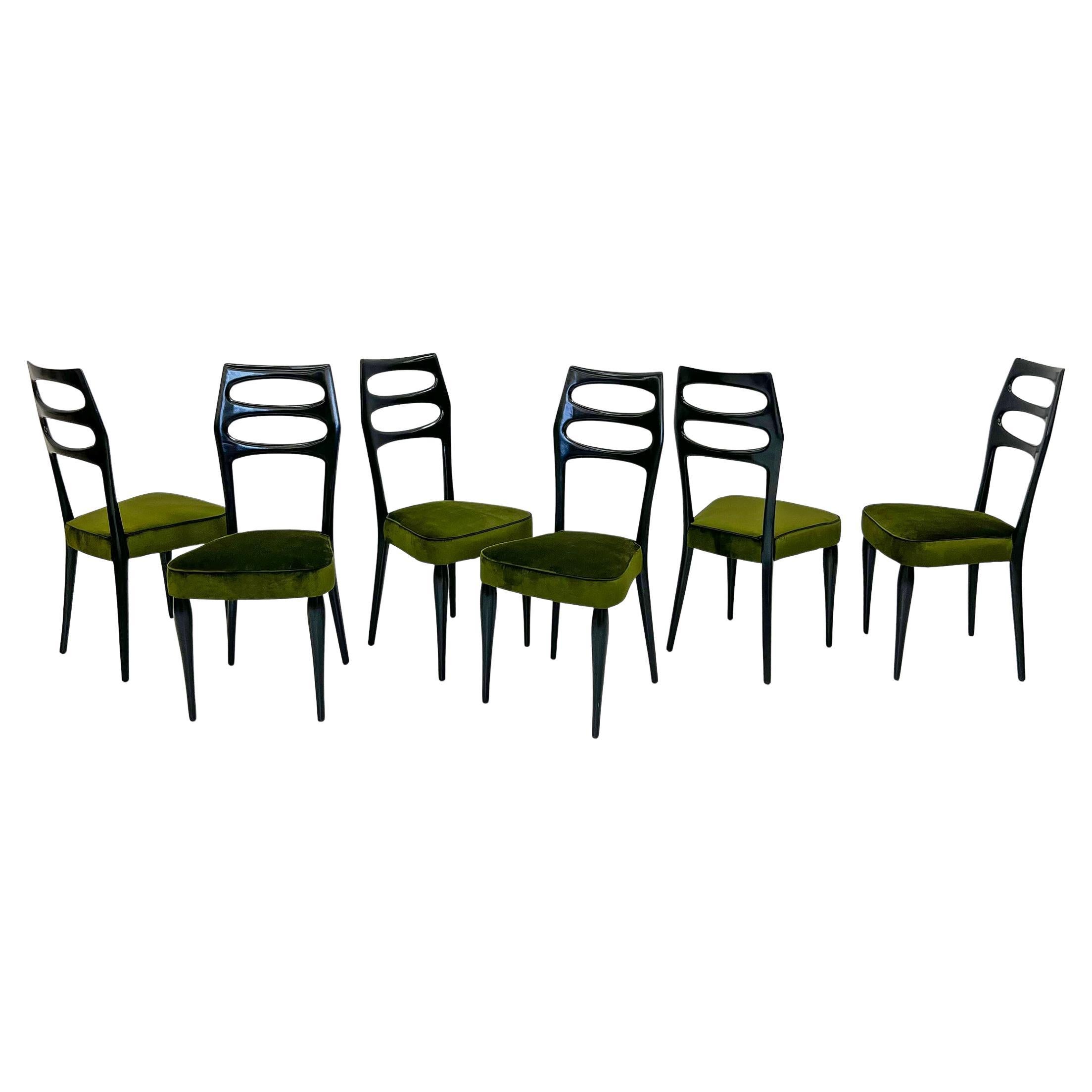 Paolo Buffa Six Sculptural Dining Chairs, Olive Green Velvet, 1950s For Sale