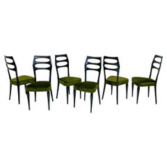 Paolo Buffa Six Sculptural Dining Chairs, Olive Green Velvet, 1950s