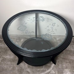 Paolo Buffa Style Black Ebonized Italian Art Deco Side Table Ground Glass Top