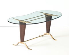 Paolo Buffa Style Brass And Walnut Coffee Table With Kidney Shape Glass Top