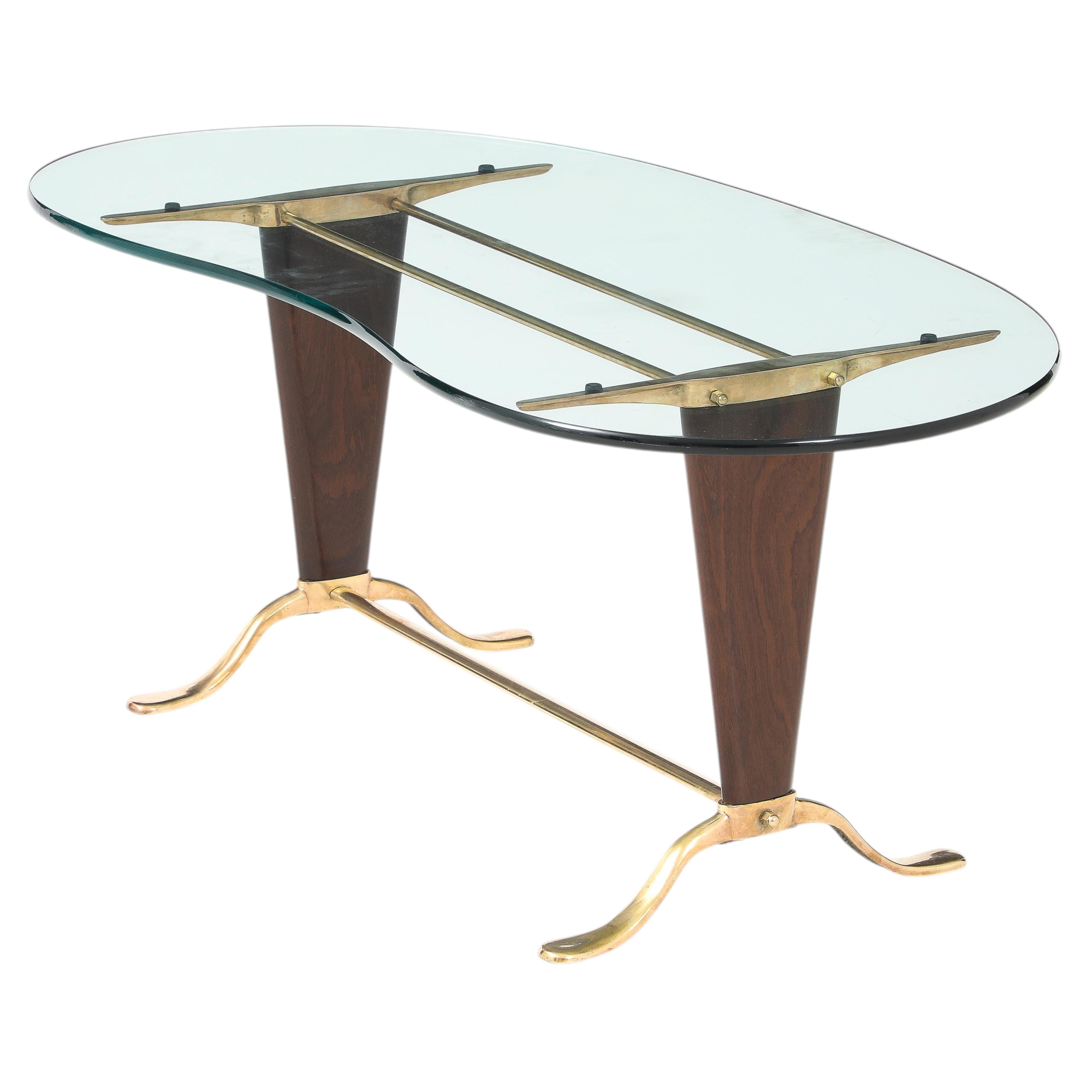 Paolo Buffa Style Brass And Walnut Coffee Table With Kidney Shape Glass Top