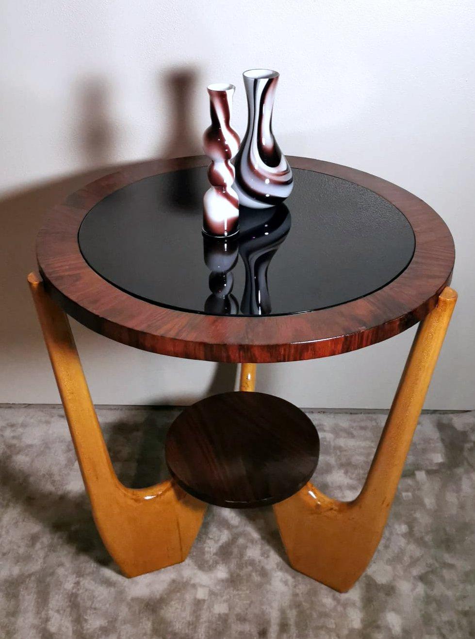 Paolo Buffa Style Italian Art Deco Round Coffee Table With Dark Glass. For Sale 5