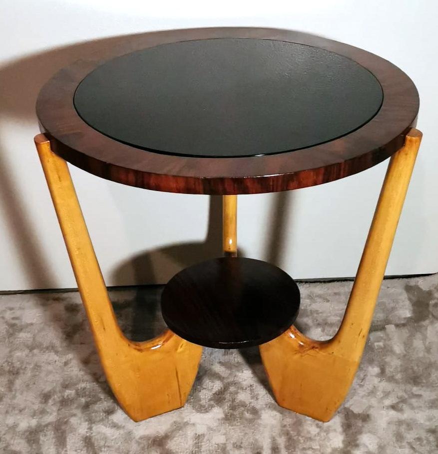 Polished Paolo Buffa Style Italian Art Deco Round Coffee Table With Dark Glass. For Sale
