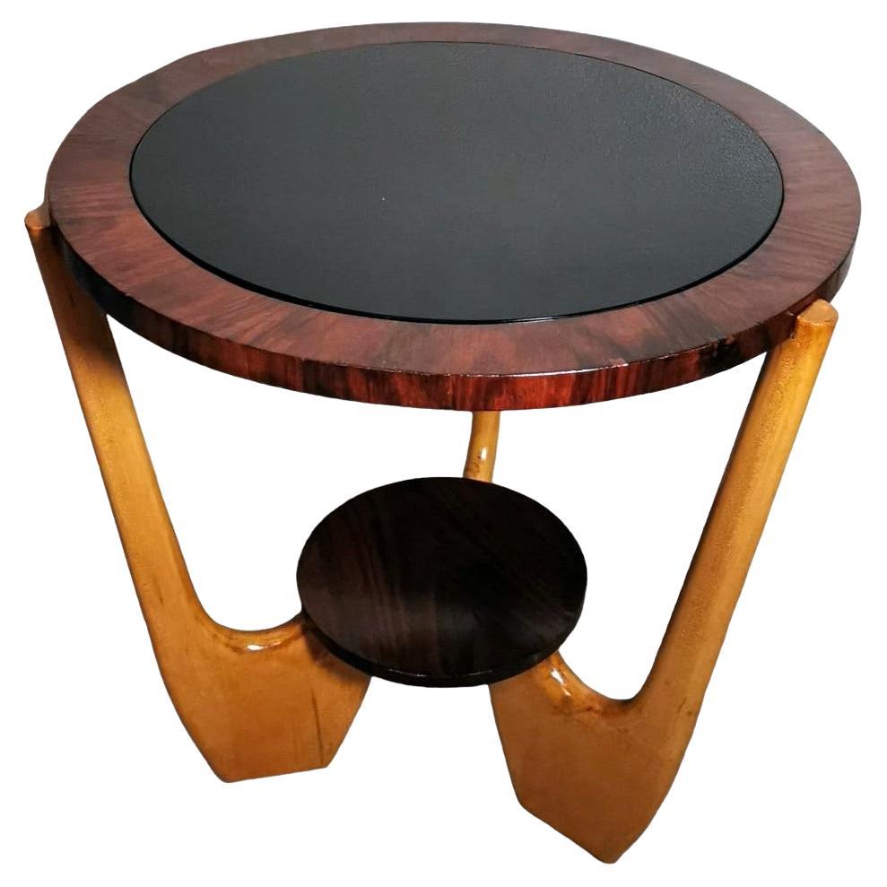 Paolo Buffa Style Italian Art Deco Round Coffee Table With Dark Glass.