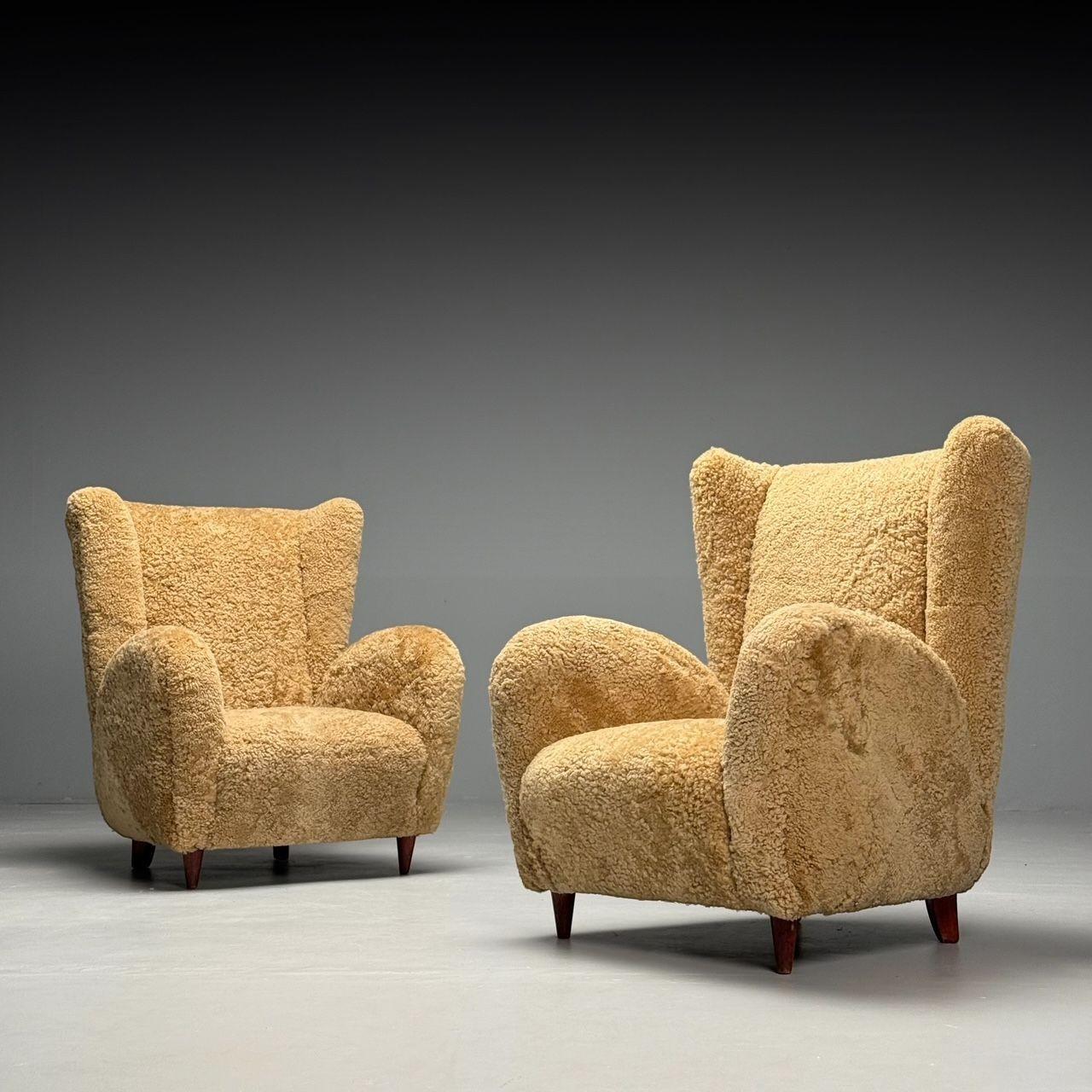 Paolo Buffa Style, Italian Mid-Century Modern, Lounge Chairs, Shearling, 1940s In Good Condition In Manhasset, NY