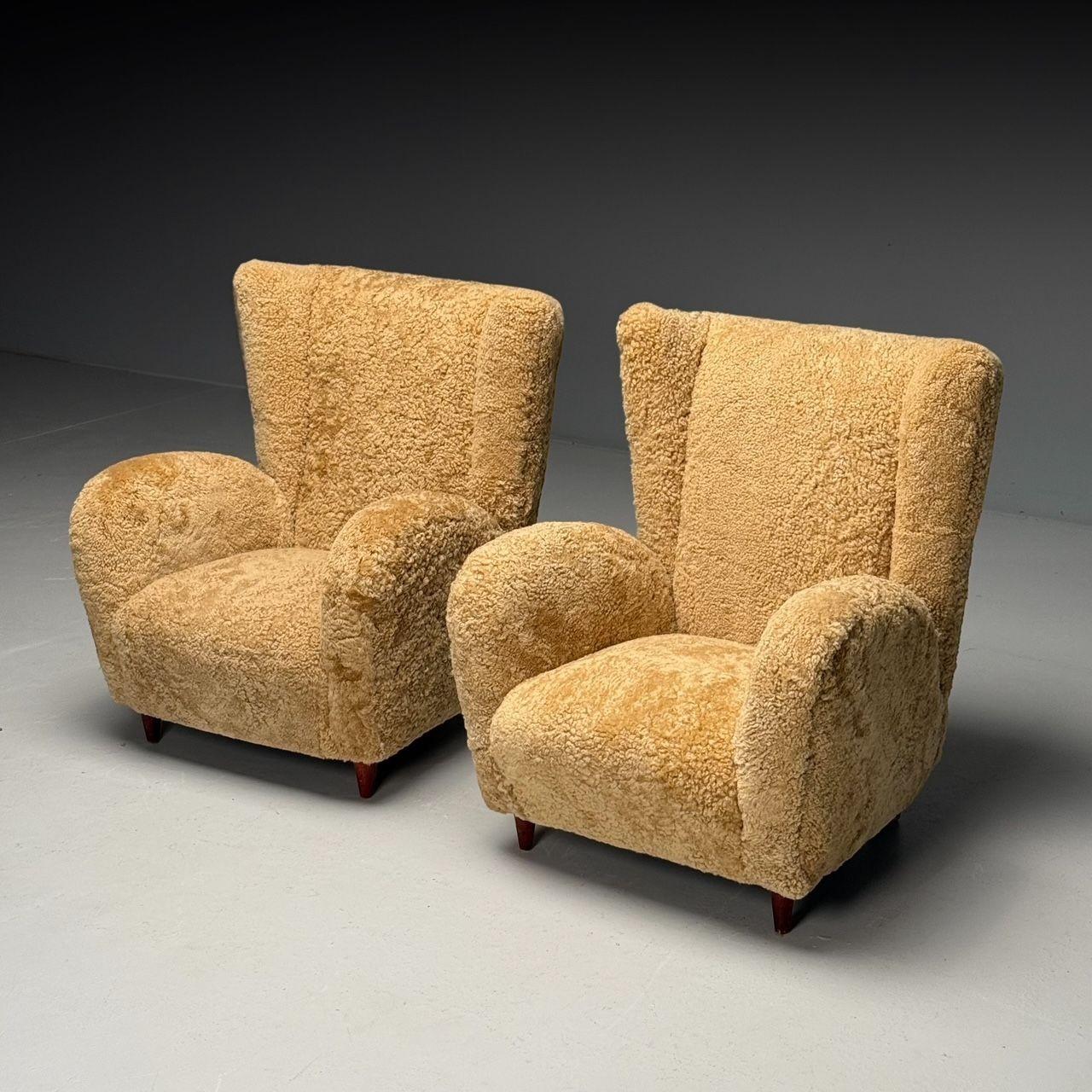 Mid-20th Century Paolo Buffa Style, Italian Mid-Century Modern, Lounge Chairs, Shearling, 1940s