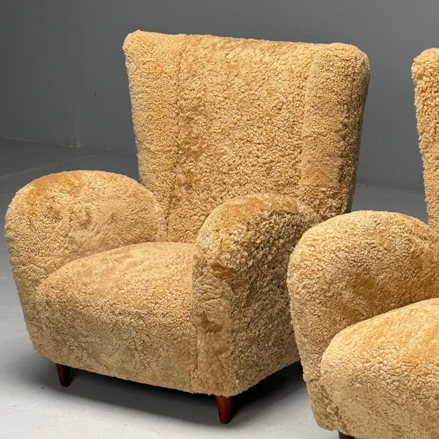 Sheepskin Paolo Buffa Style, Italian Mid-Century Modern, Lounge Chairs, Shearling, 1940s