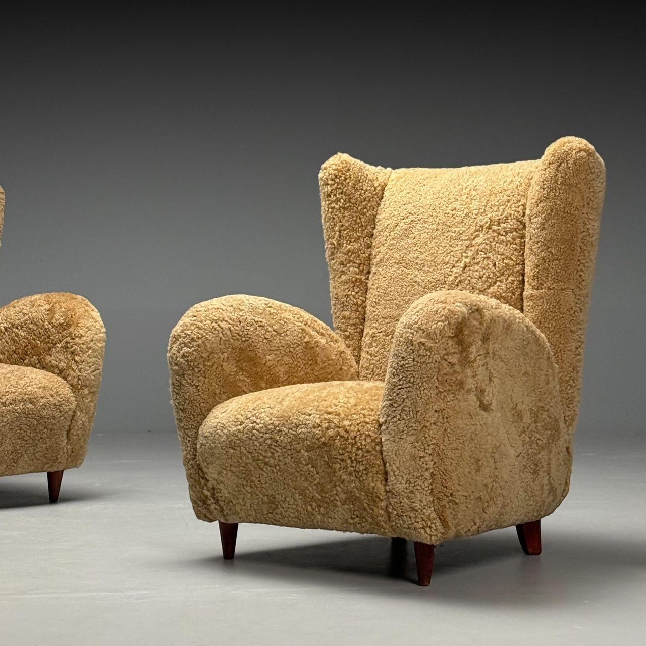Paolo Buffa Style, Italian Mid-Century Modern, Lounge Chairs, Shearling, 1940s 1