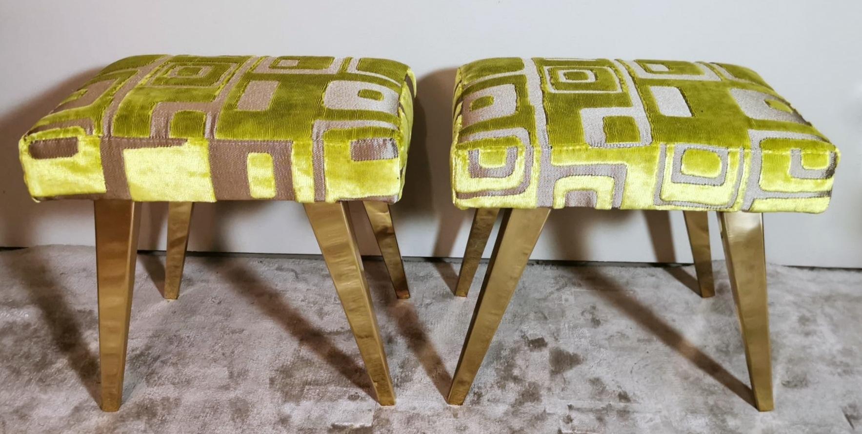 Mid-Century Modern Paolo Buffa Style Italian Pair on Benches Brass Legs and Guild Fabric For Sale